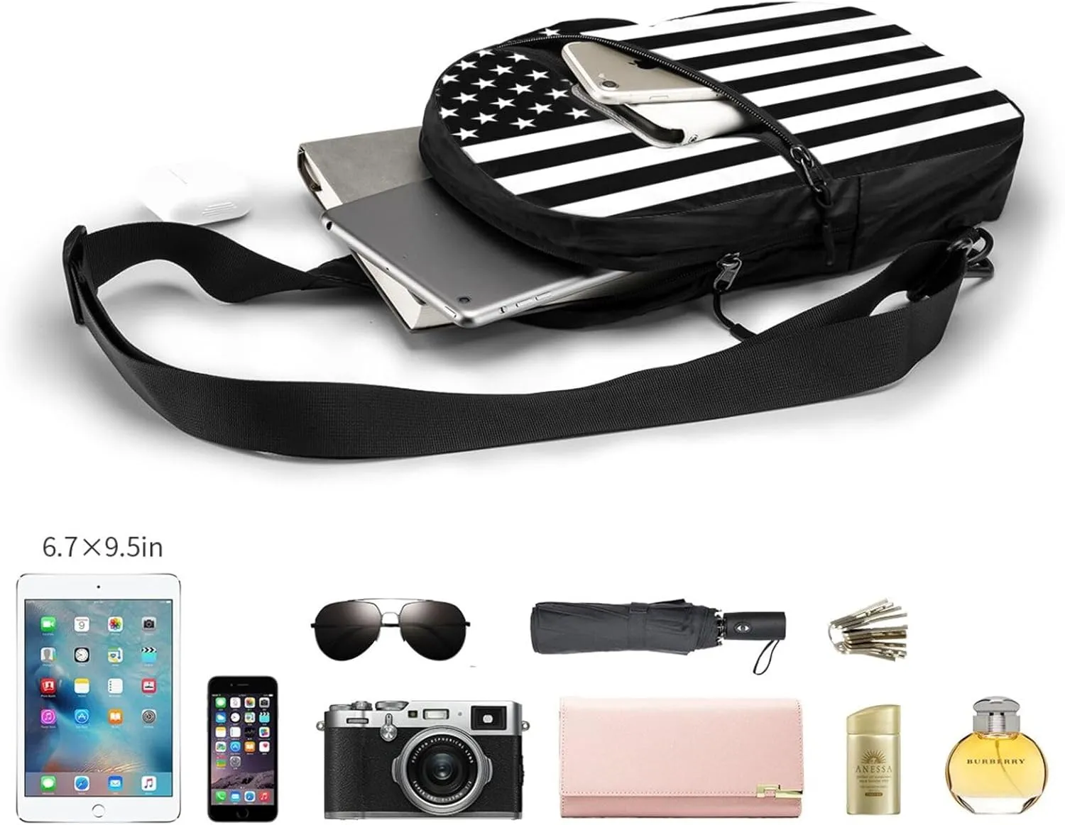 Black And White American Flag Portable Sling Bags Packable Crossbody Bag Foldable Sport Daypack Reusable Shoulder Backpack Diagonally Chest Bag for Workout Travel
