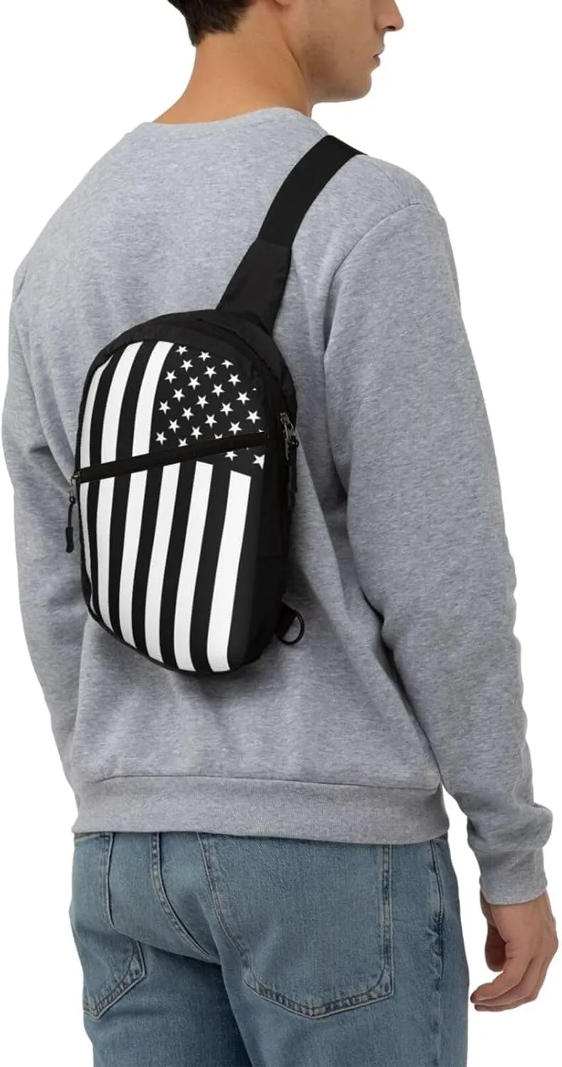 Black And White American Flag Portable Sling Bags Packable Crossbody Bag Foldable Sport Daypack Reusable Shoulder Backpack Diagonally Chest Bag for Workout Travel