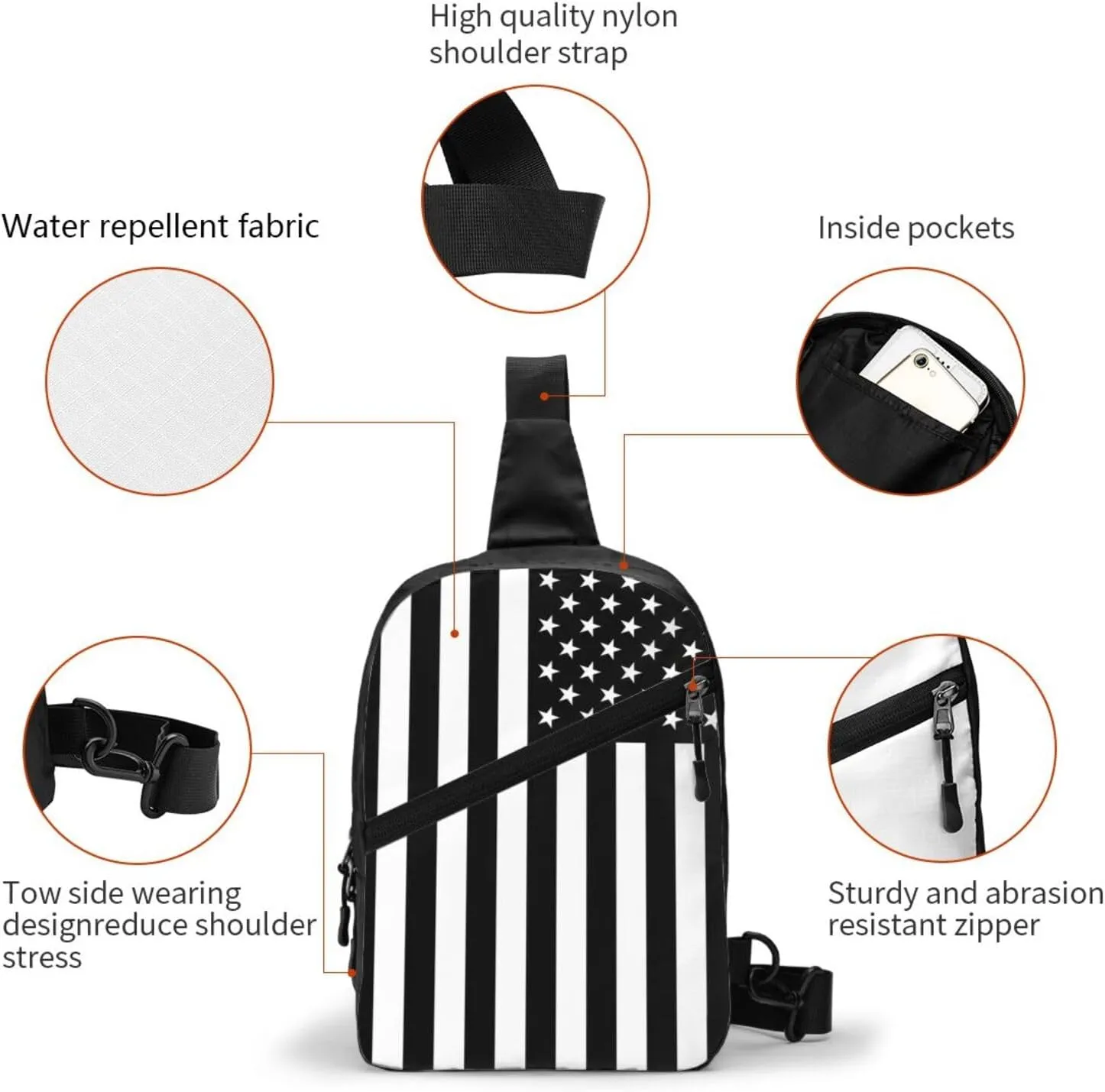 Black And White American Flag Portable Sling Bags Packable Crossbody Bag Foldable Sport Daypack Reusable Shoulder Backpack Diagonally Chest Bag for Workout Travel