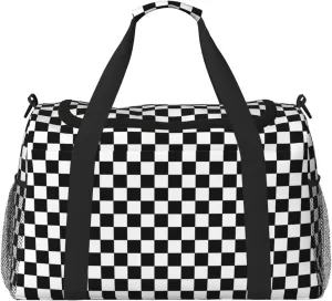 Black White Racing Big Capacity Sports Gym Bag Portable Travel Duffle Bag, Checkerboard Lightweight Weekender Workout Bag for Overnight, Unisex