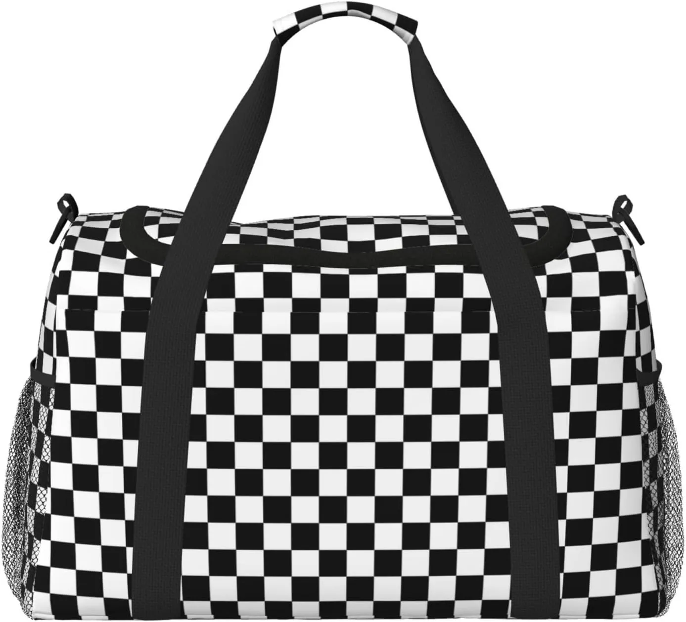 Black White Racing Big Capacity Sports Gym Bag Portable Travel Duffle Bag, Checkerboard Lightweight Weekender Workout Bag for Overnight, Unisex