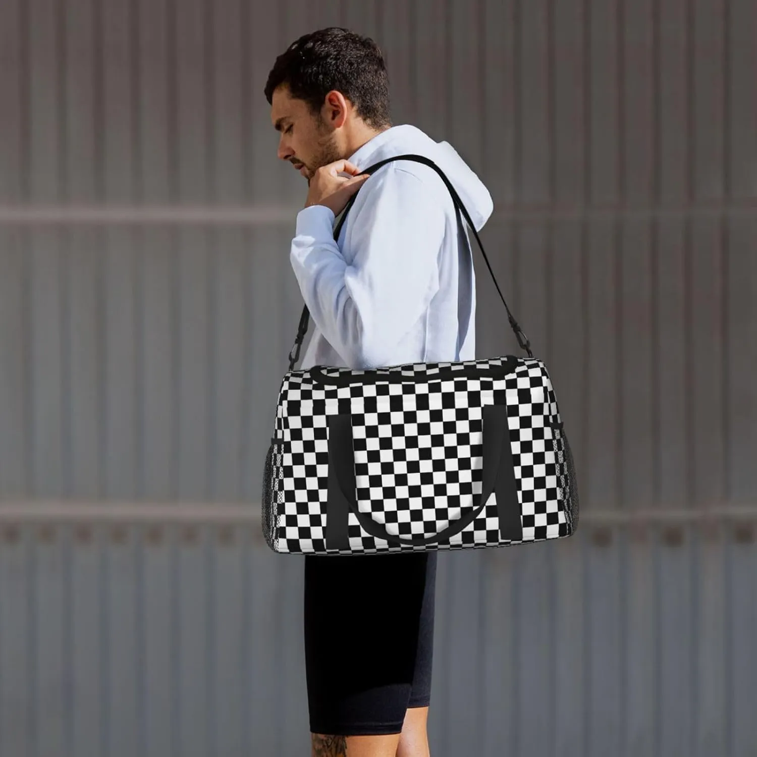 Black White Racing Big Capacity Sports Gym Bag Portable Travel Duffle Bag, Checkerboard Lightweight Weekender Workout Bag for Overnight, Unisex