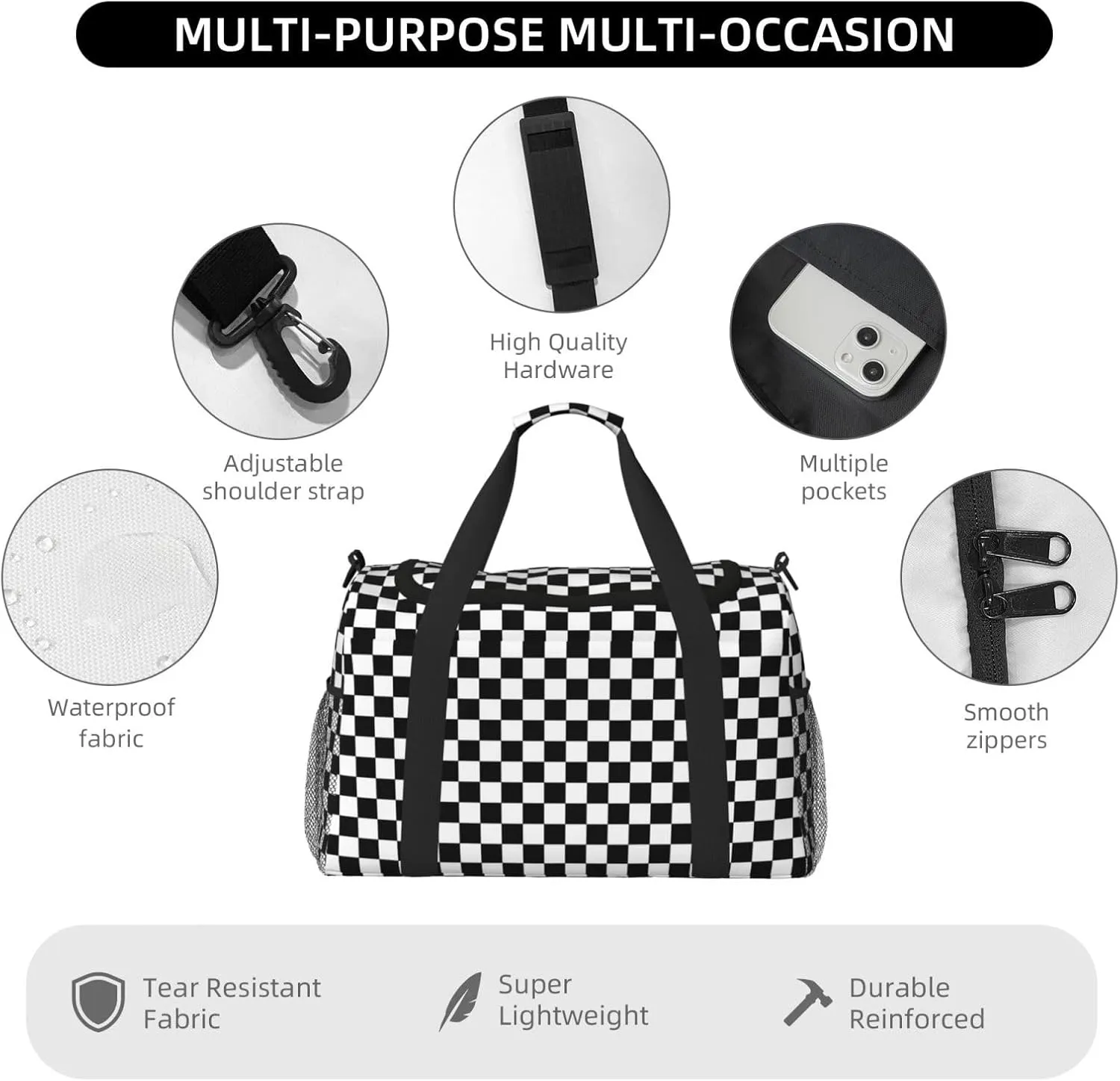 Black White Racing Big Capacity Sports Gym Bag Portable Travel Duffle Bag, Checkerboard Lightweight Weekender Workout Bag for Overnight, Unisex