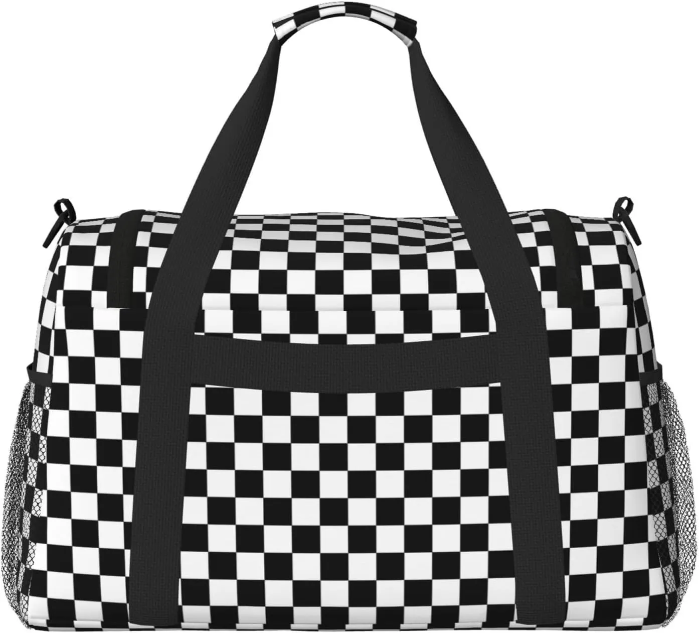 Black White Racing Big Capacity Sports Gym Bag Portable Travel Duffle Bag, Checkerboard Lightweight Weekender Workout Bag for Overnight, Unisex