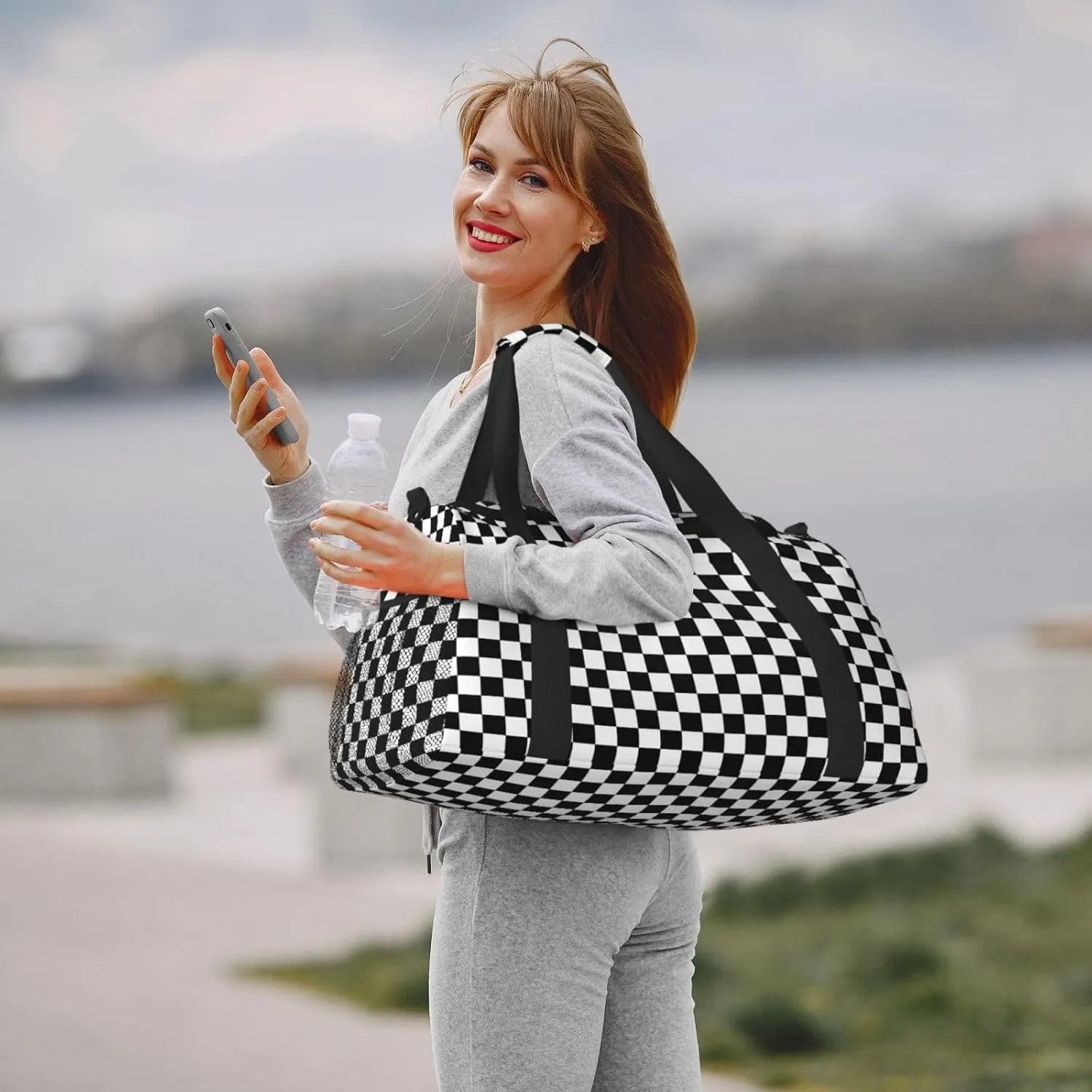 Black White Racing Big Capacity Sports Gym Bag Portable Travel Duffle Bag, Checkerboard Lightweight Weekender Workout Bag for Overnight, Unisex