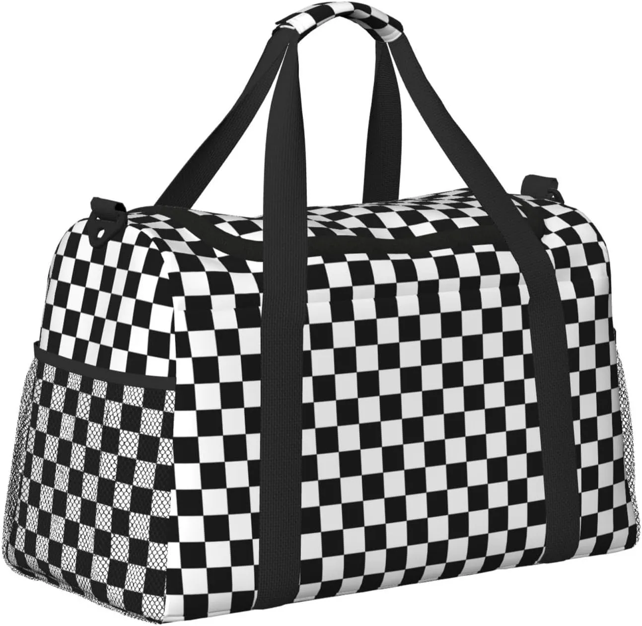 Black White Racing Big Capacity Sports Gym Bag Portable Travel Duffle Bag, Checkerboard Lightweight Weekender Workout Bag for Overnight, Unisex