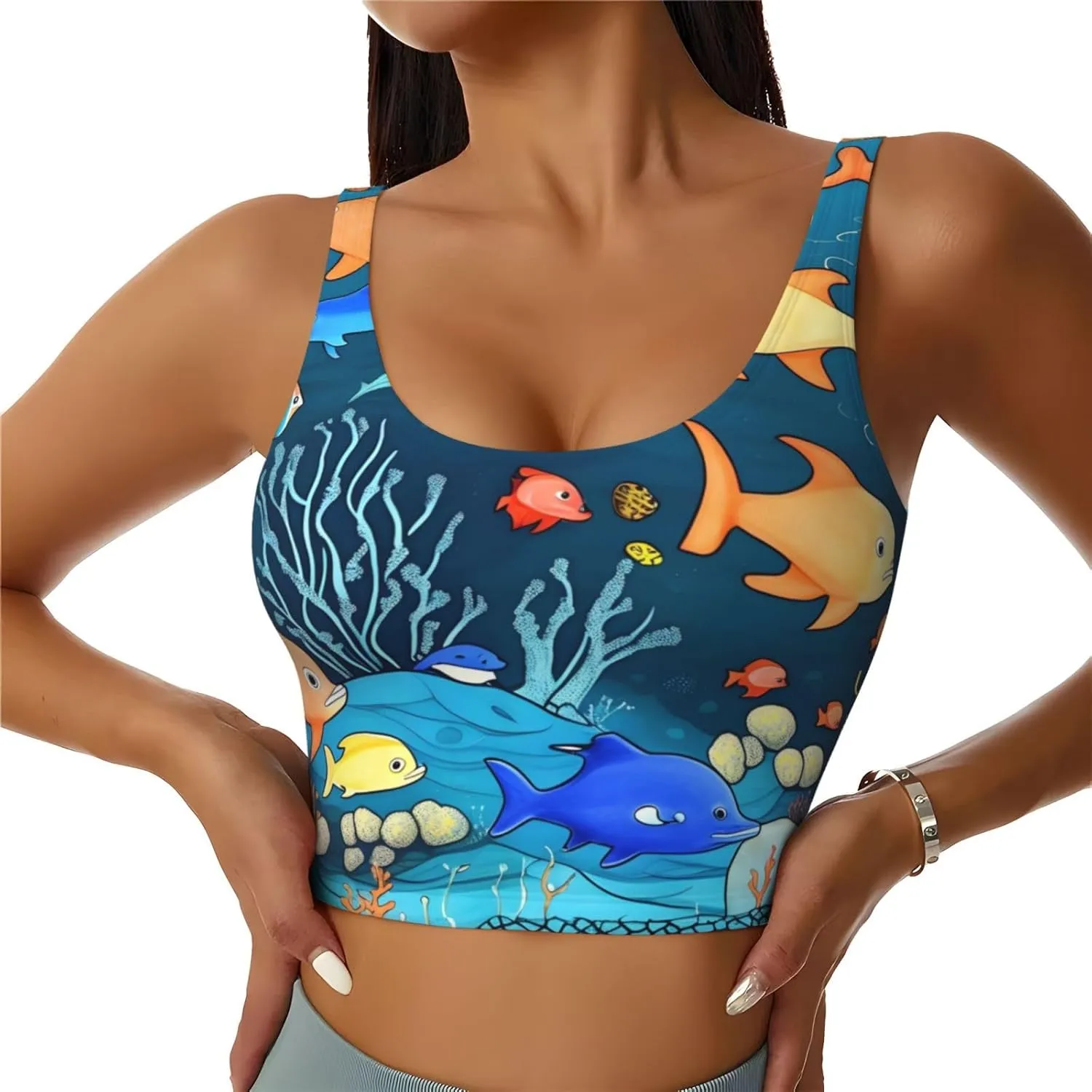 Blue underwater world of fish Women's U-Shaped Sports Bra, Padded Round Neck Sports Short Tank Top