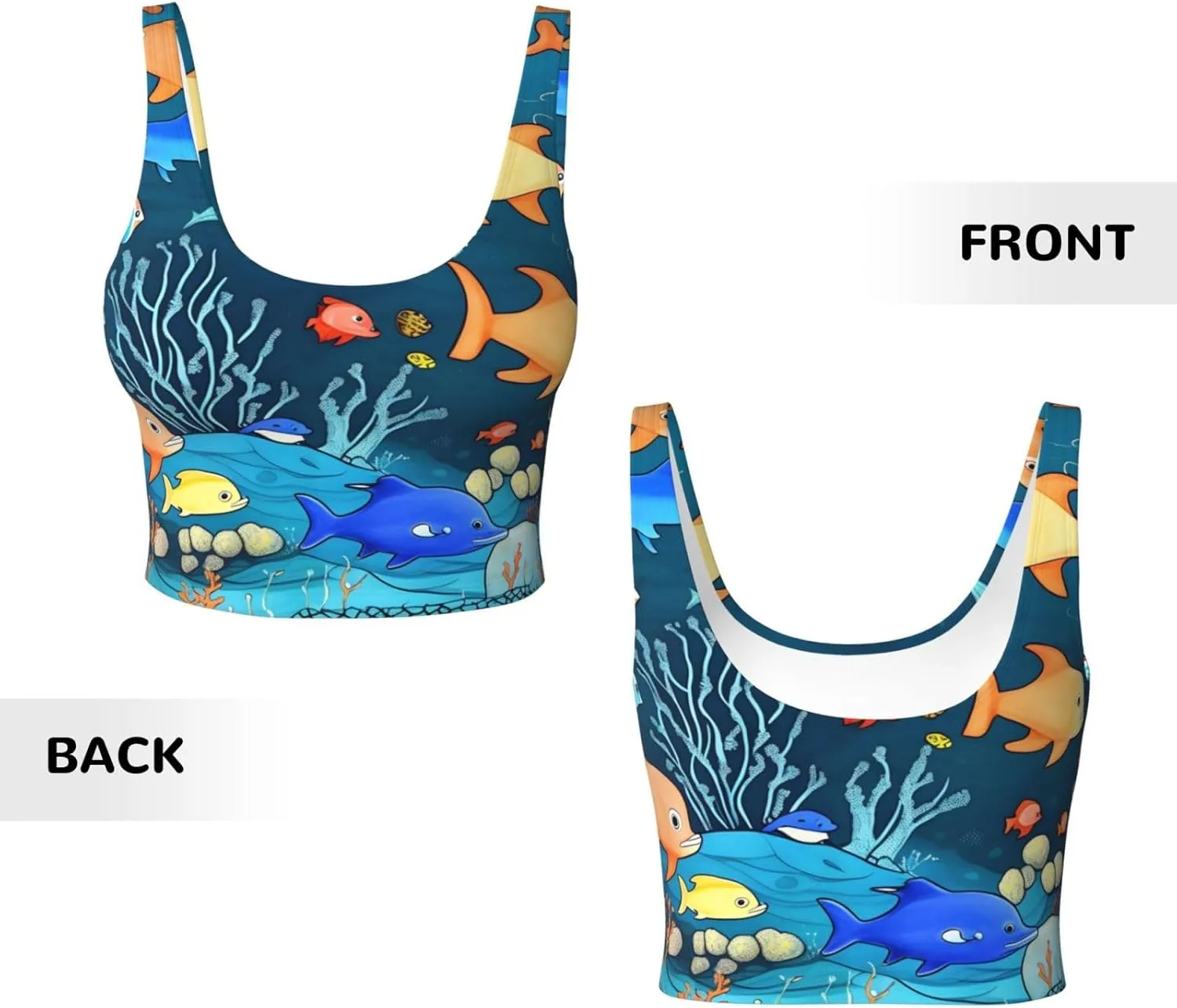 Blue underwater world of fish Women's U-Shaped Sports Bra, Padded Round Neck Sports Short Tank Top