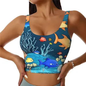 Blue underwater world of fish Women's U-Shaped Sports Bra, Padded Round Neck Sports Short Tank Top
