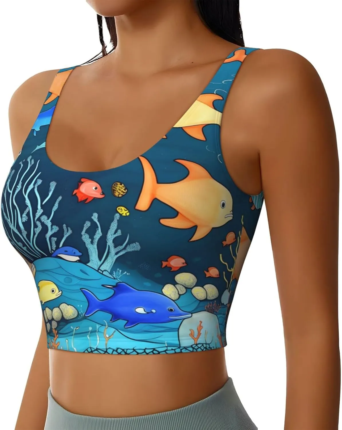 Blue underwater world of fish Women's U-Shaped Sports Bra, Padded Round Neck Sports Short Tank Top