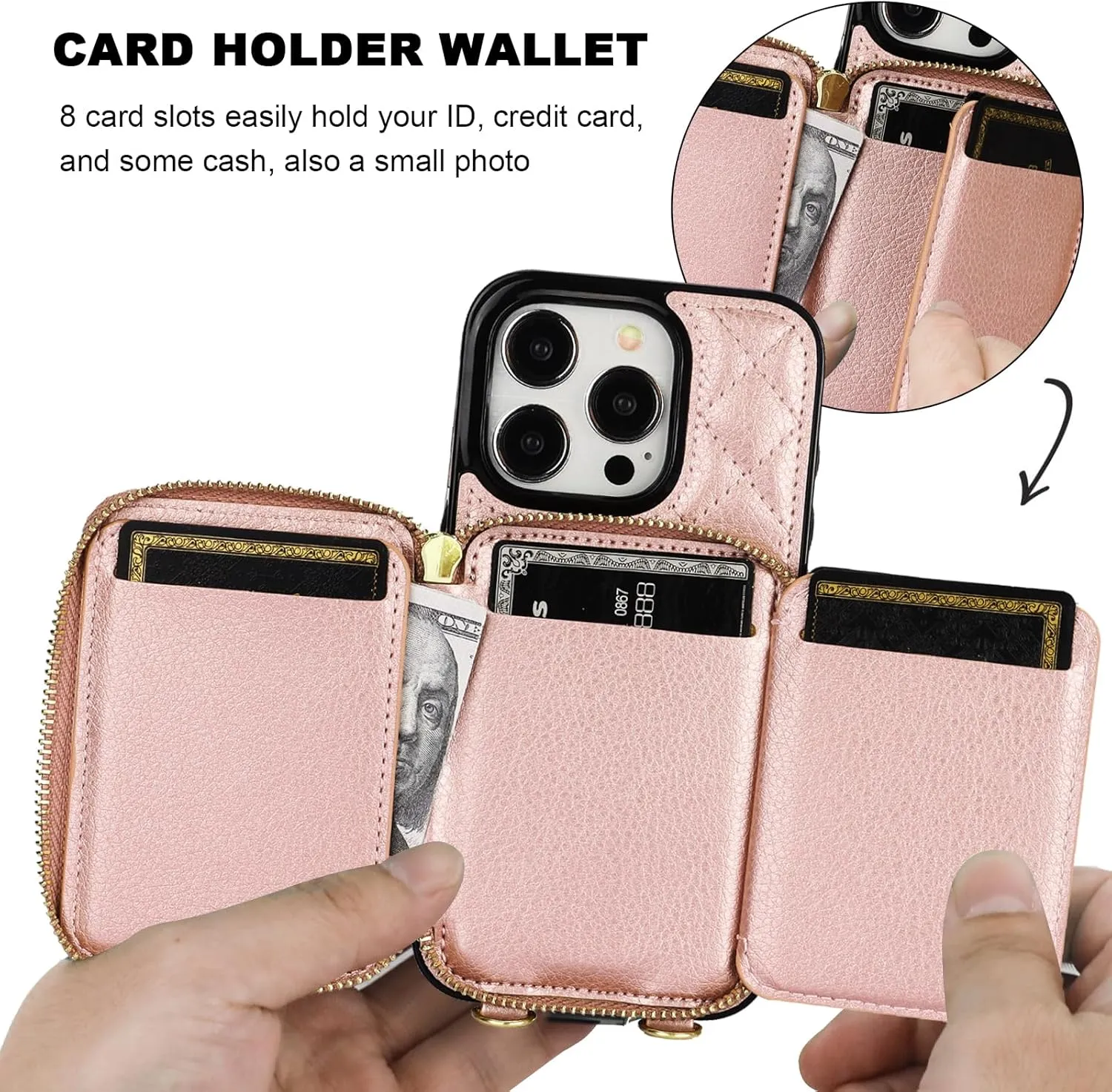Bocasal Crossbody Wallet Case for iPhone 15 Pro, RFID Blocking PU Leather Zipper Handbag Purse Flip Cover, Kickstand Folio Case with Card Slots Holder Wrist Strap Lanyard 5G 6.1 Inch (Rose Gold)
