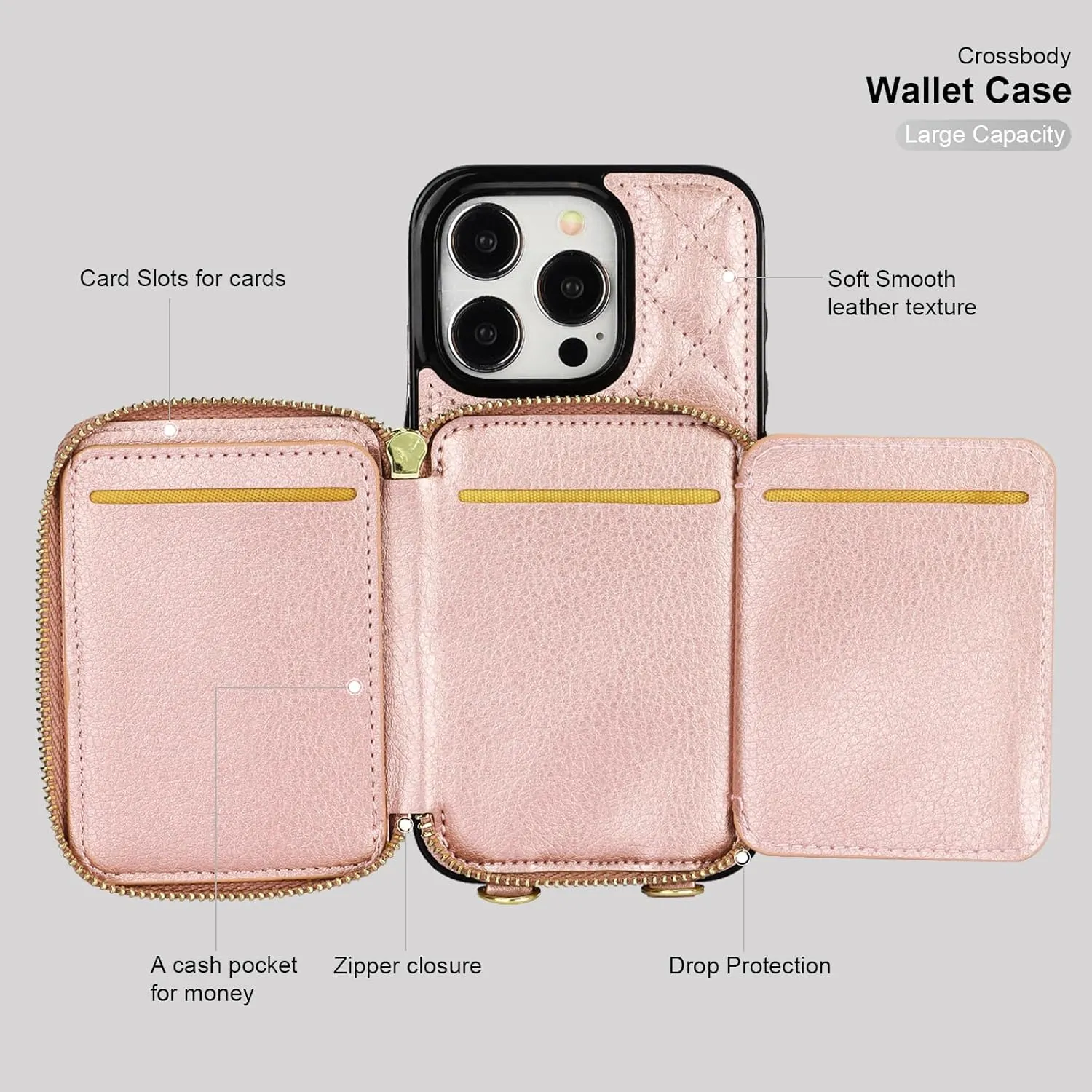 Bocasal Crossbody Wallet Case for iPhone 15 Pro, RFID Blocking PU Leather Zipper Handbag Purse Flip Cover, Kickstand Folio Case with Card Slots Holder Wrist Strap Lanyard 5G 6.1 Inch (Rose Gold)