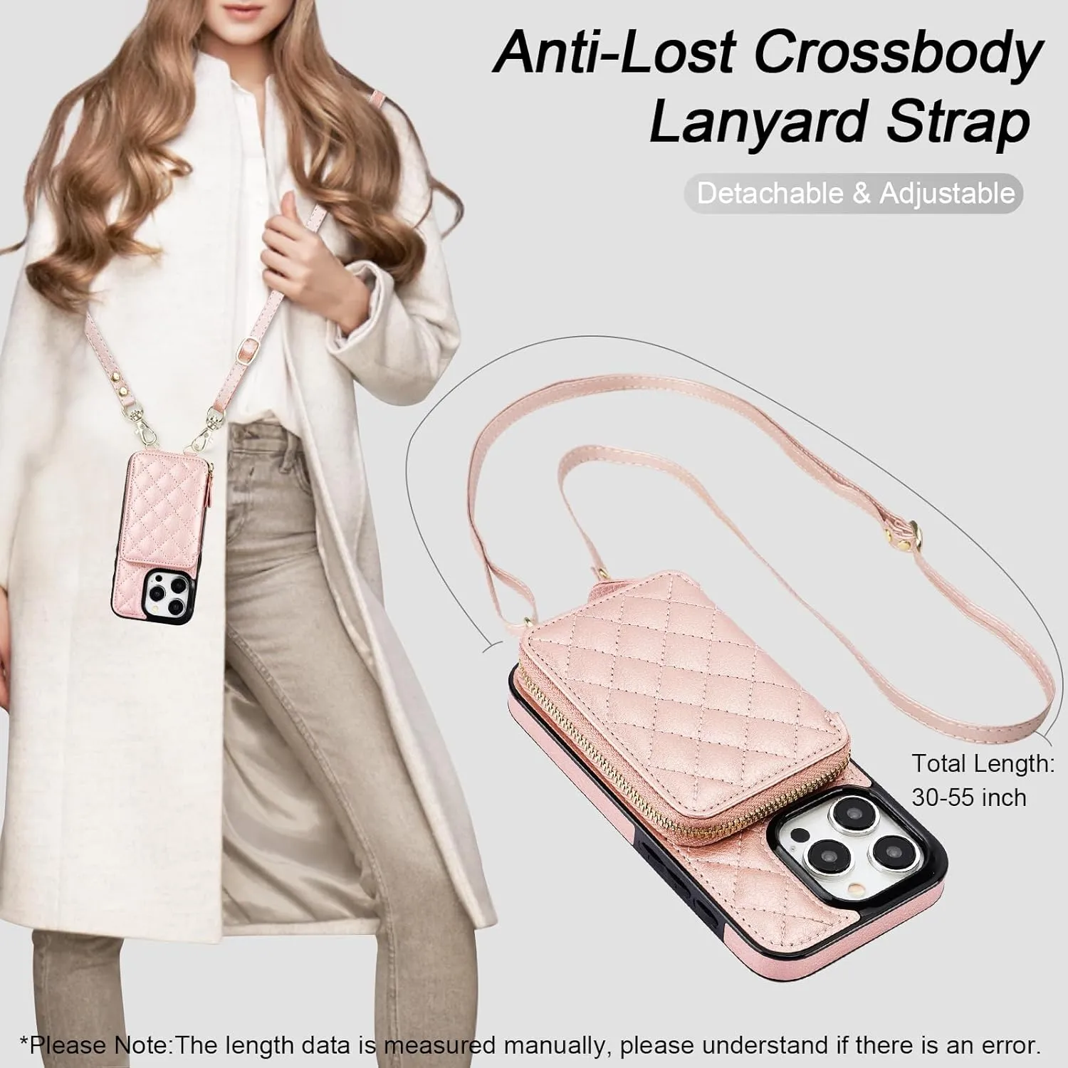 Bocasal Crossbody Wallet Case for iPhone 15 Pro, RFID Blocking PU Leather Zipper Handbag Purse Flip Cover, Kickstand Folio Case with Card Slots Holder Wrist Strap Lanyard 5G 6.1 Inch (Rose Gold)