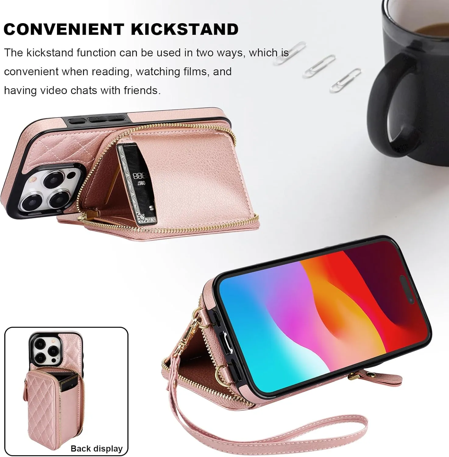 Bocasal Crossbody Wallet Case for iPhone 15 Pro, RFID Blocking PU Leather Zipper Handbag Purse Flip Cover, Kickstand Folio Case with Card Slots Holder Wrist Strap Lanyard 5G 6.1 Inch (Rose Gold)