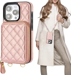 Bocasal Crossbody Wallet Case for iPhone 15 Pro, RFID Blocking PU Leather Zipper Handbag Purse Flip Cover, Kickstand Folio Case with Card Slots Holder Wrist Strap Lanyard 5G 6.1 Inch (Rose Gold)