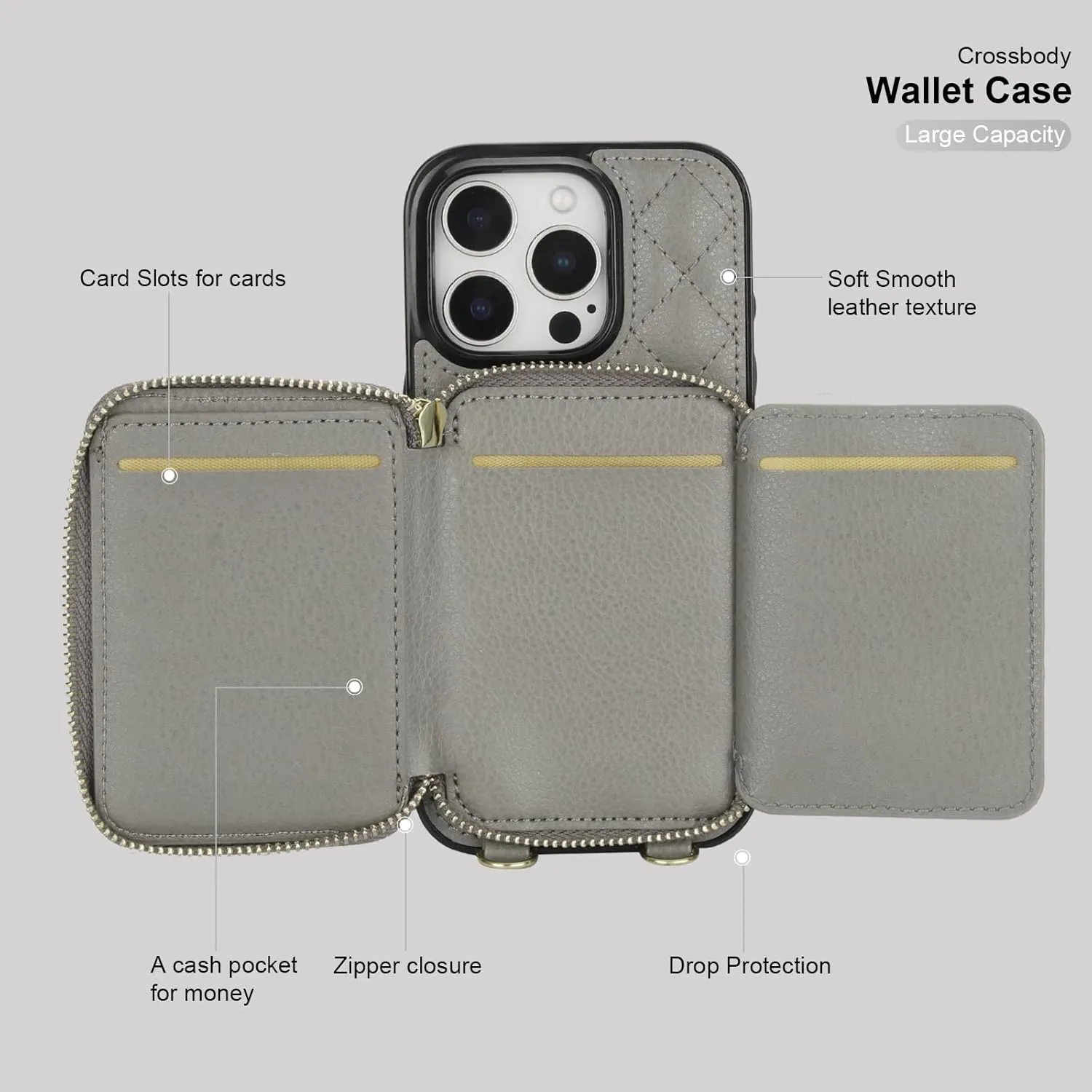 Bocasal Crossbody Wallet Case for iPhone 16 Pro, RFID Blocking PU Leather Zipper Handbag Purse Flip Cover, Kickstand Folio Case with Card Slots Holder Wrist Strap Lanyard 5G 6.3 Inch (Grey)