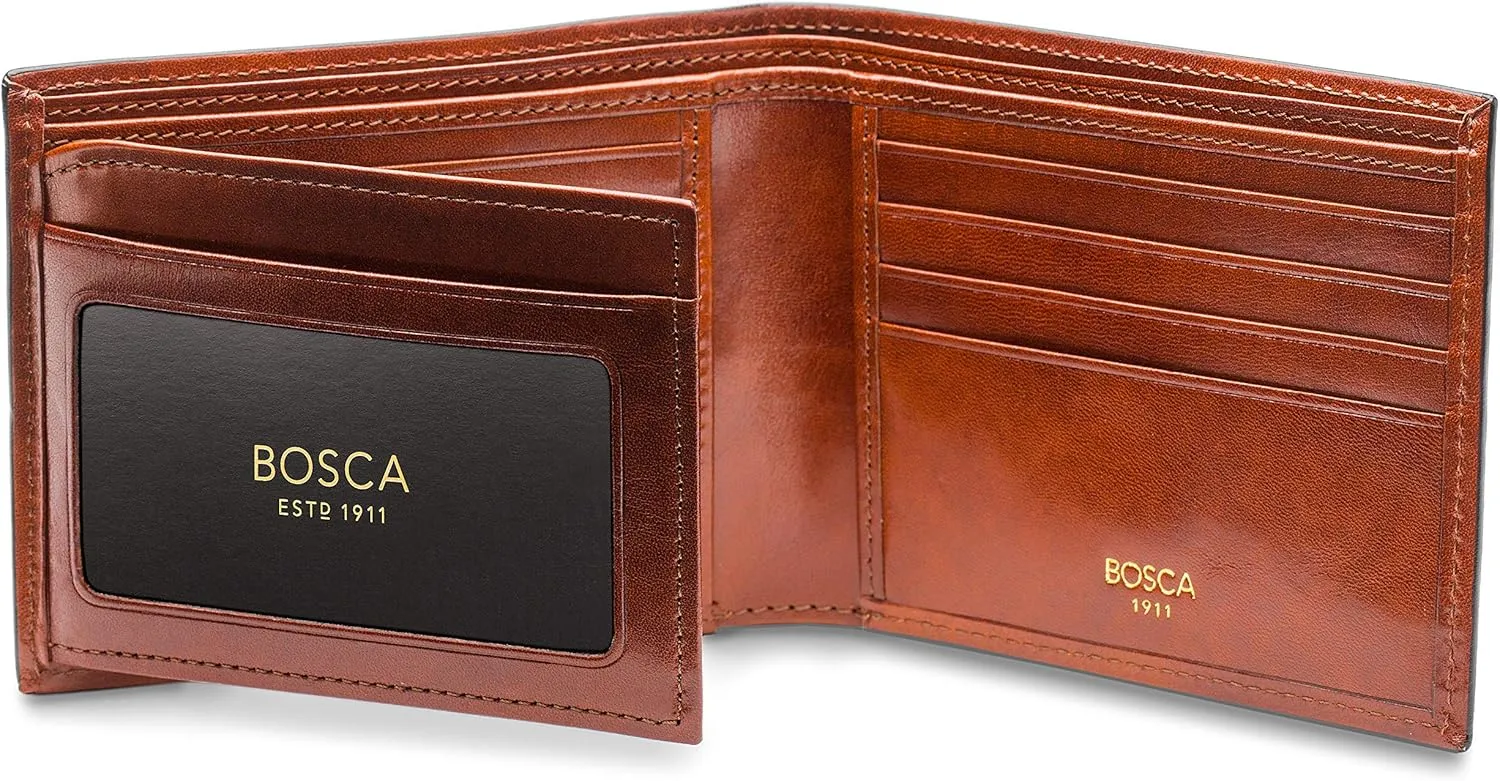 Bosca Men's Old Leather Bifold Wallet with ID Window and Card Slots - Italian Leather, Durable and Stylish - Amber Brown