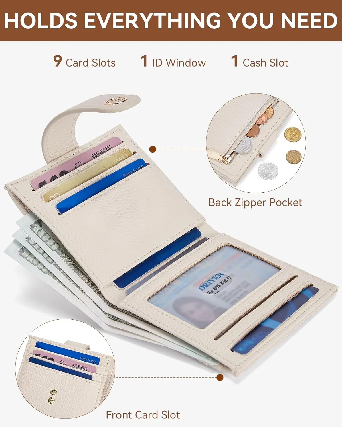 BOSTANTEN Slim Wallet for Women Small RFID Blocking Credit Card Holder Leather Bifold Wallets with Zipper Coin Pocket Beige