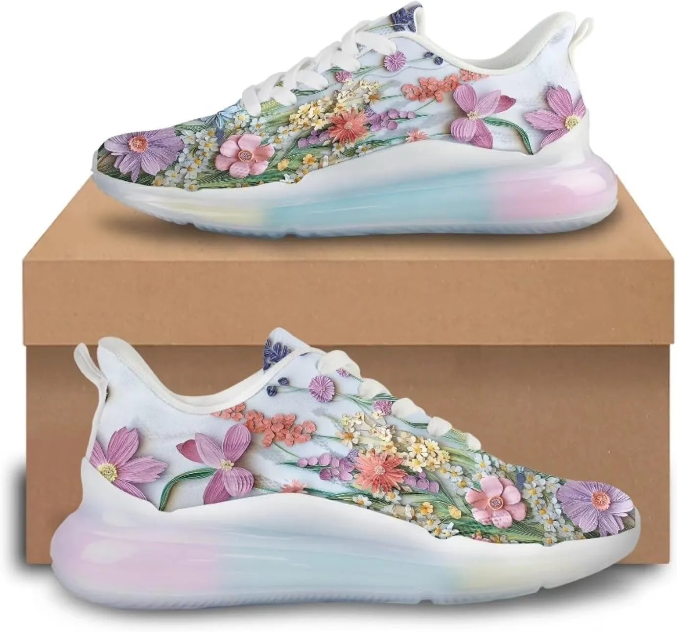 Breathable Walking Shoe Fashion Atmospheric Cushion Running Shoes for Women Comfort Soft Rubber Sole Non Slip Shoes for Gym Size 6-11 White Sole