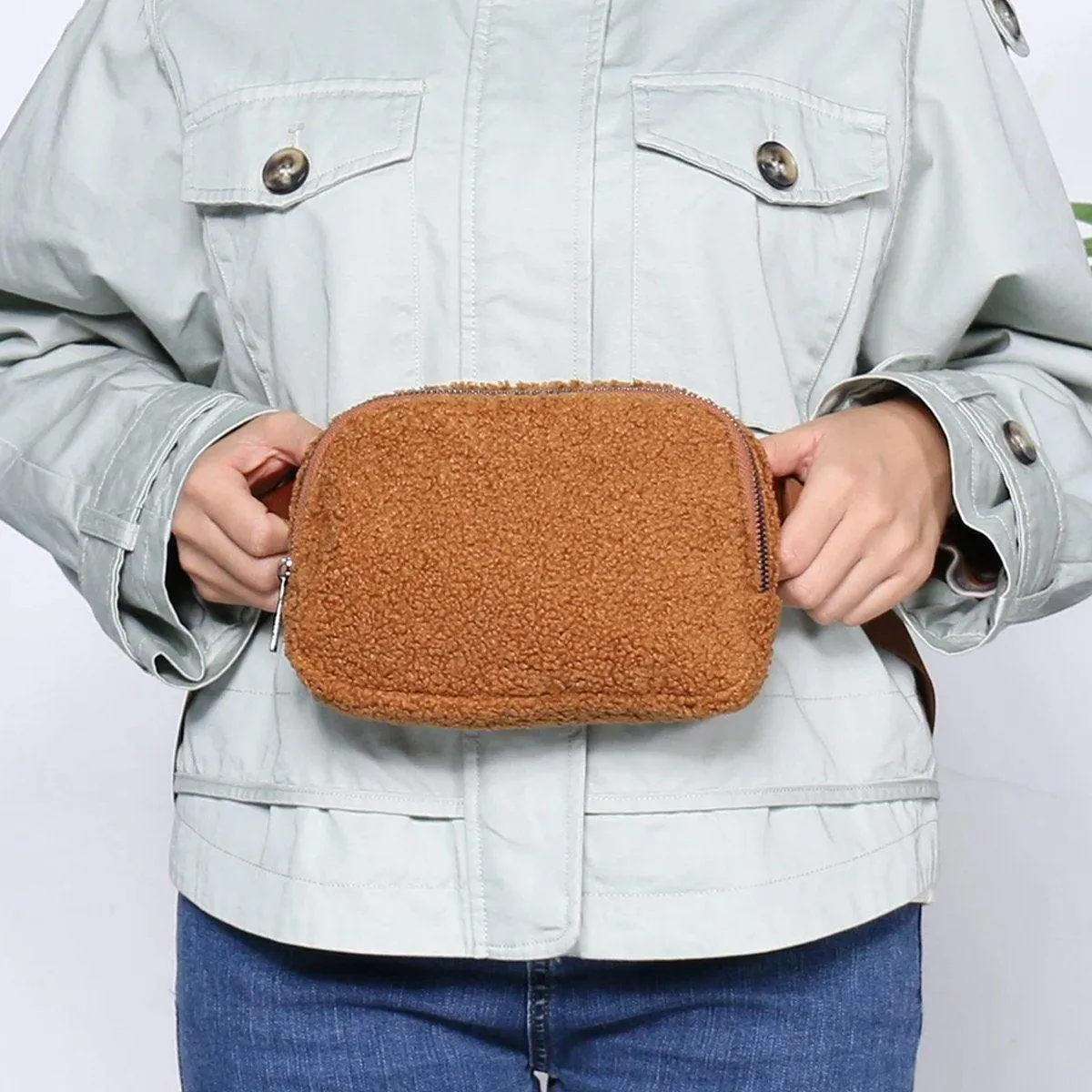 Brown Belt Bag Sherpa Crossbody Bags for Women Fanny Pack Running Workout Hiking