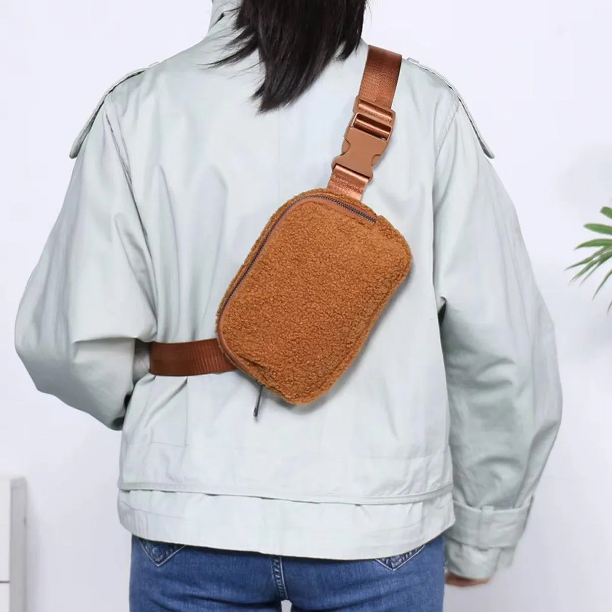 Brown Belt Bag Sherpa Crossbody Bags for Women Fanny Pack Running Workout Hiking