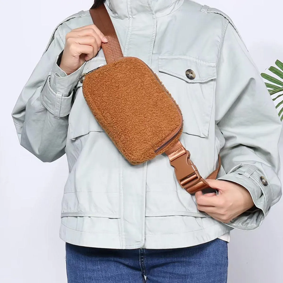 Brown Belt Bag Sherpa Crossbody Bags for Women Fanny Pack Running Workout Hiking