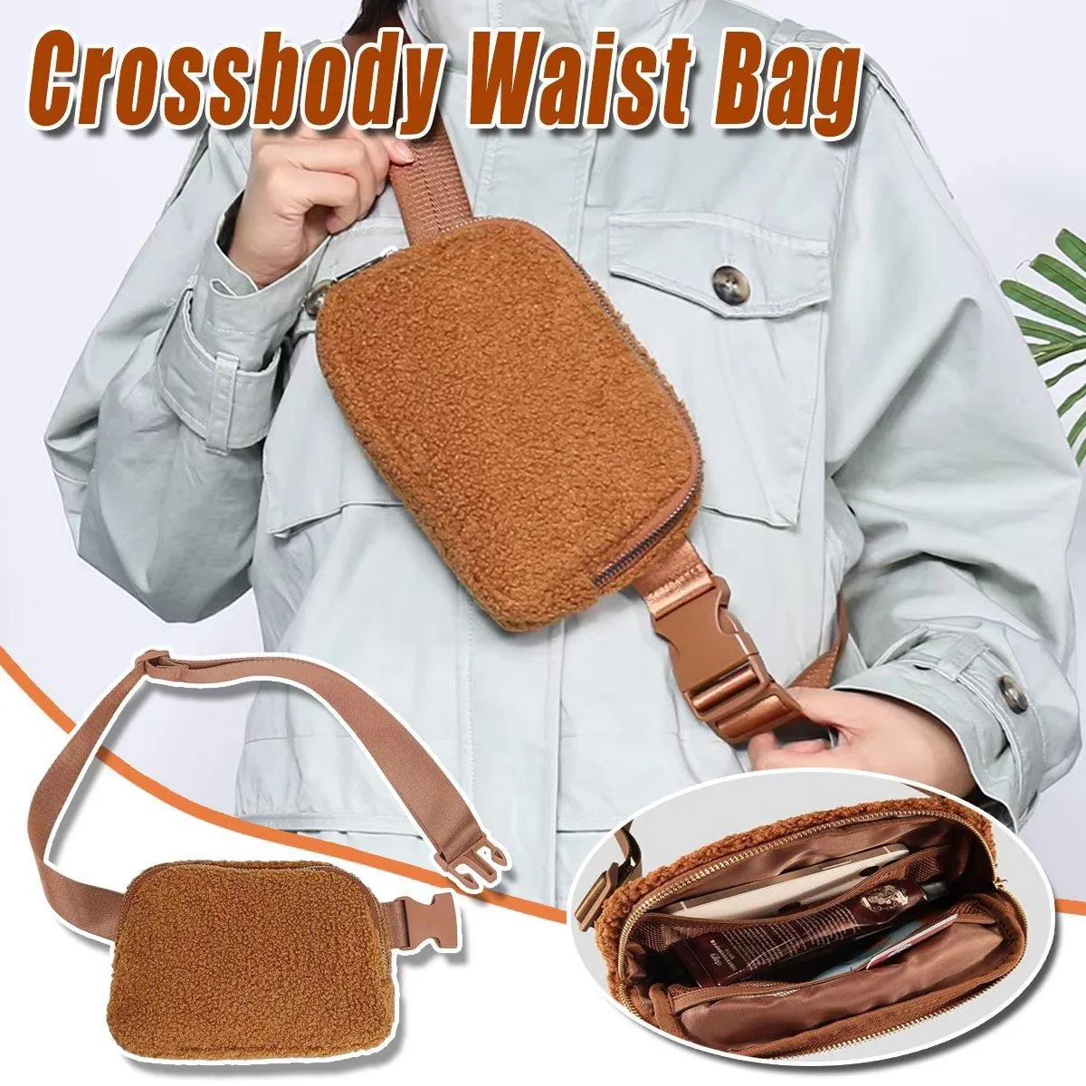 Brown Belt Bag Sherpa Crossbody Bags for Women Fanny Pack Running Workout Hiking