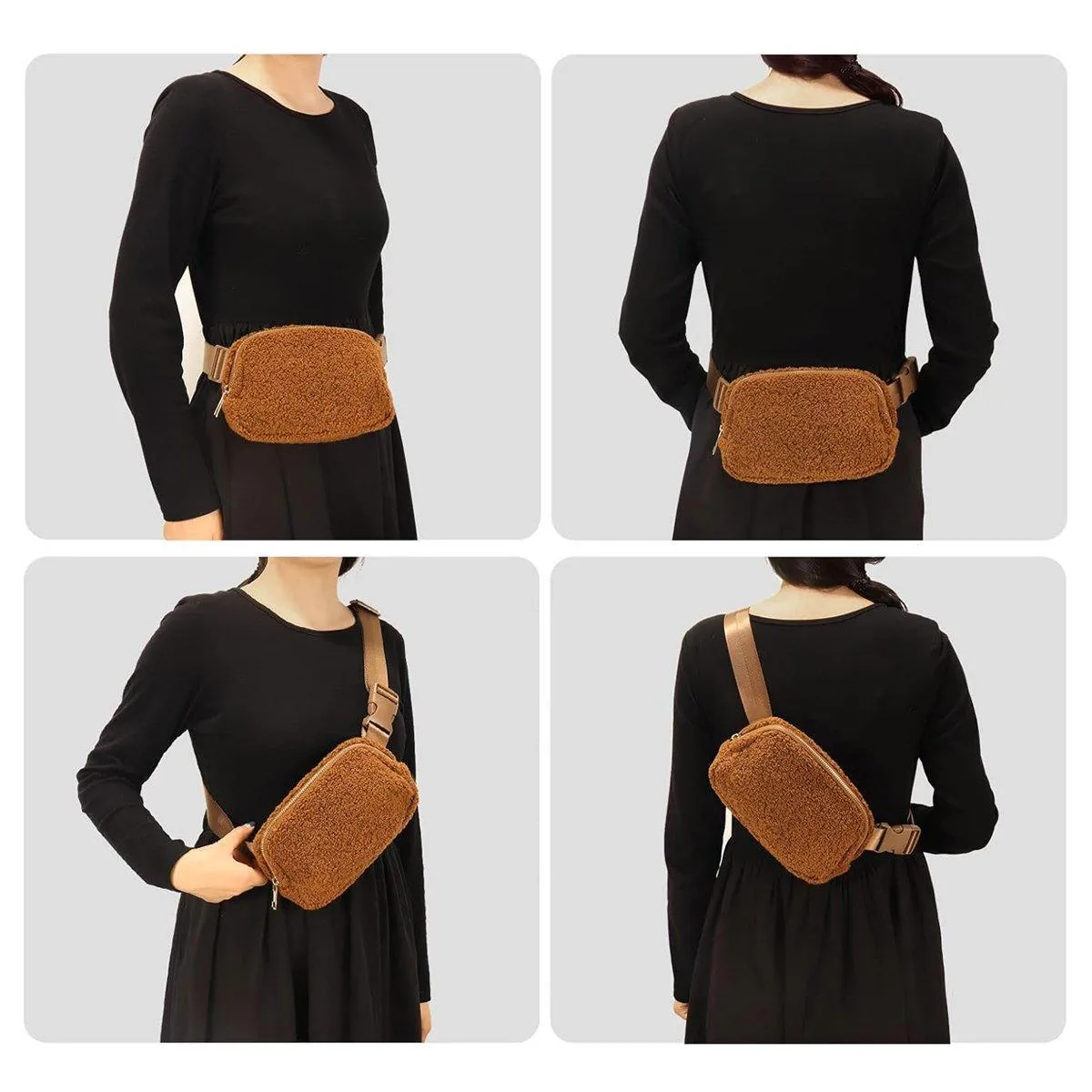 Brown Belt Bag Sherpa Crossbody Bags for Women Fanny Pack Running Workout Hiking