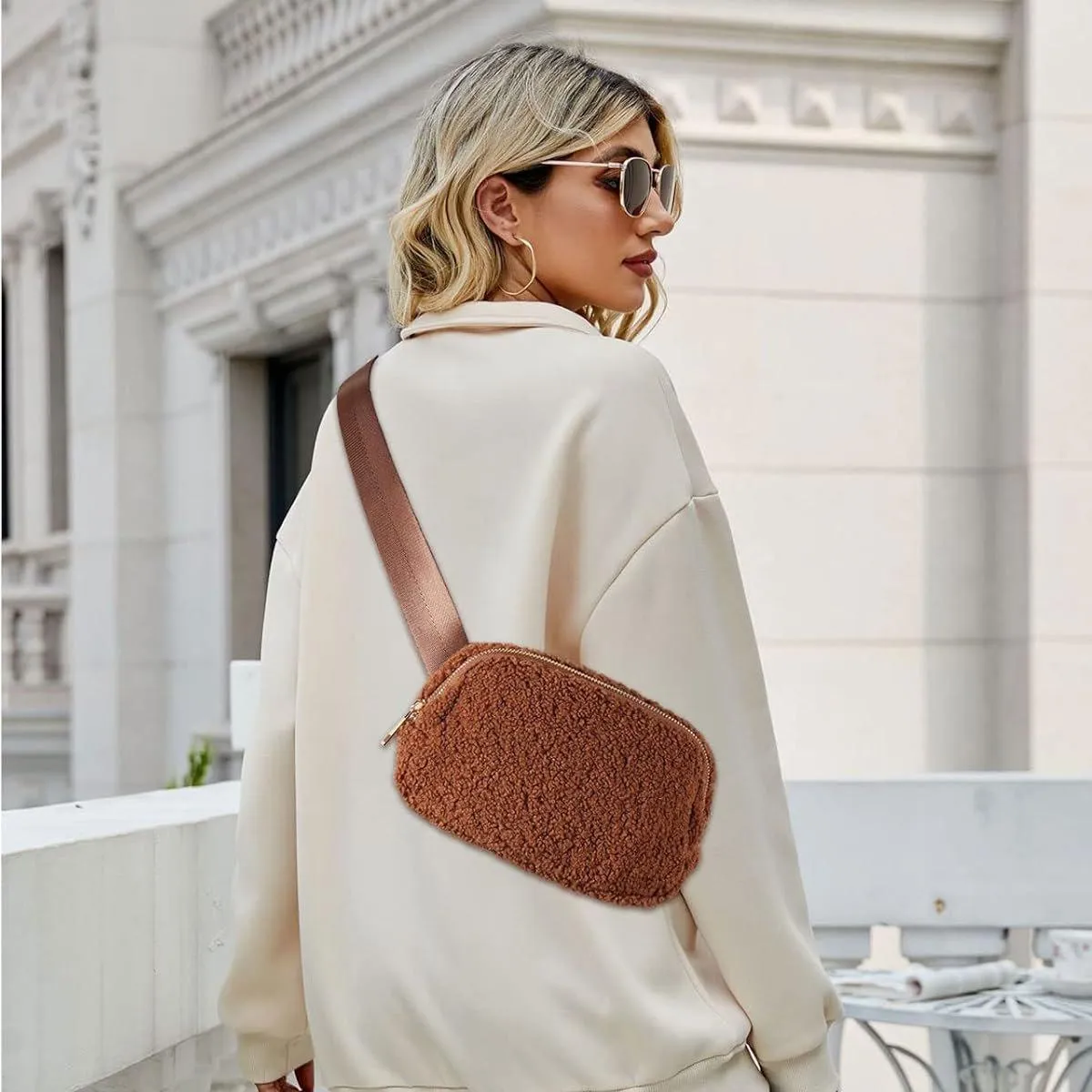 Brown Belt Bag Sherpa Crossbody Bags for Women Fanny Pack Running Workout Hiking
