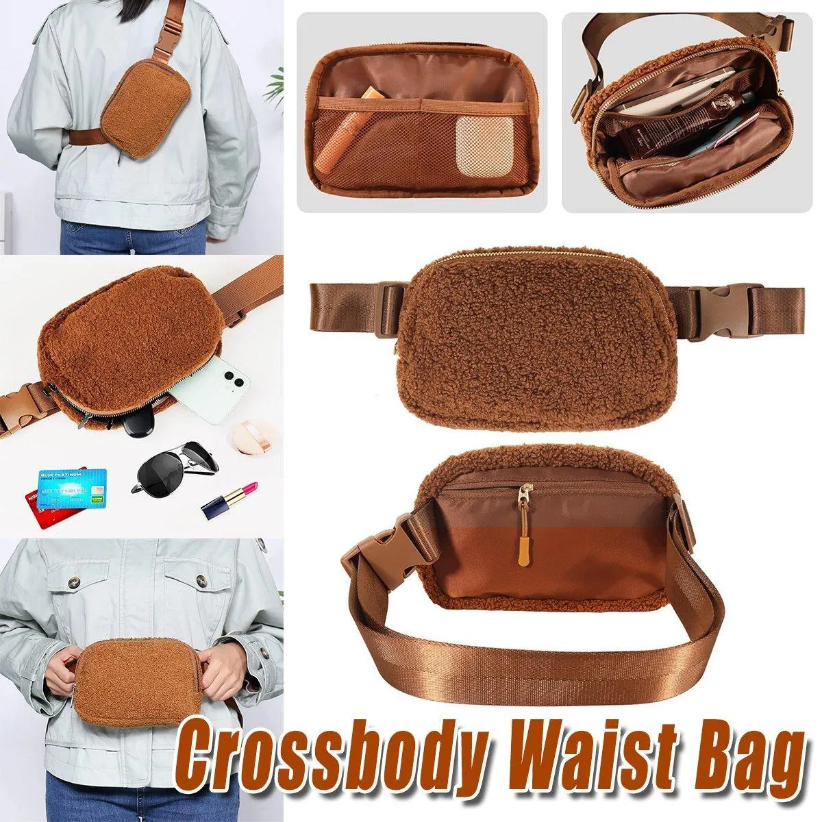 Brown Belt Bag Sherpa Crossbody Bags for Women Fanny Pack Running Workout Hiking