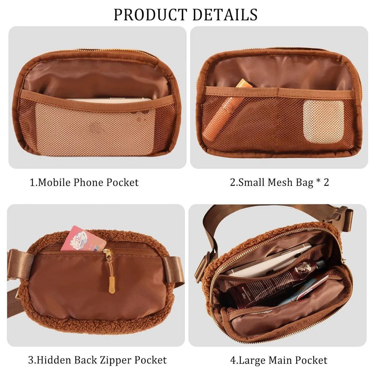 Brown Belt Bag Sherpa Crossbody Bags for Women Fanny Pack Running Workout Hiking