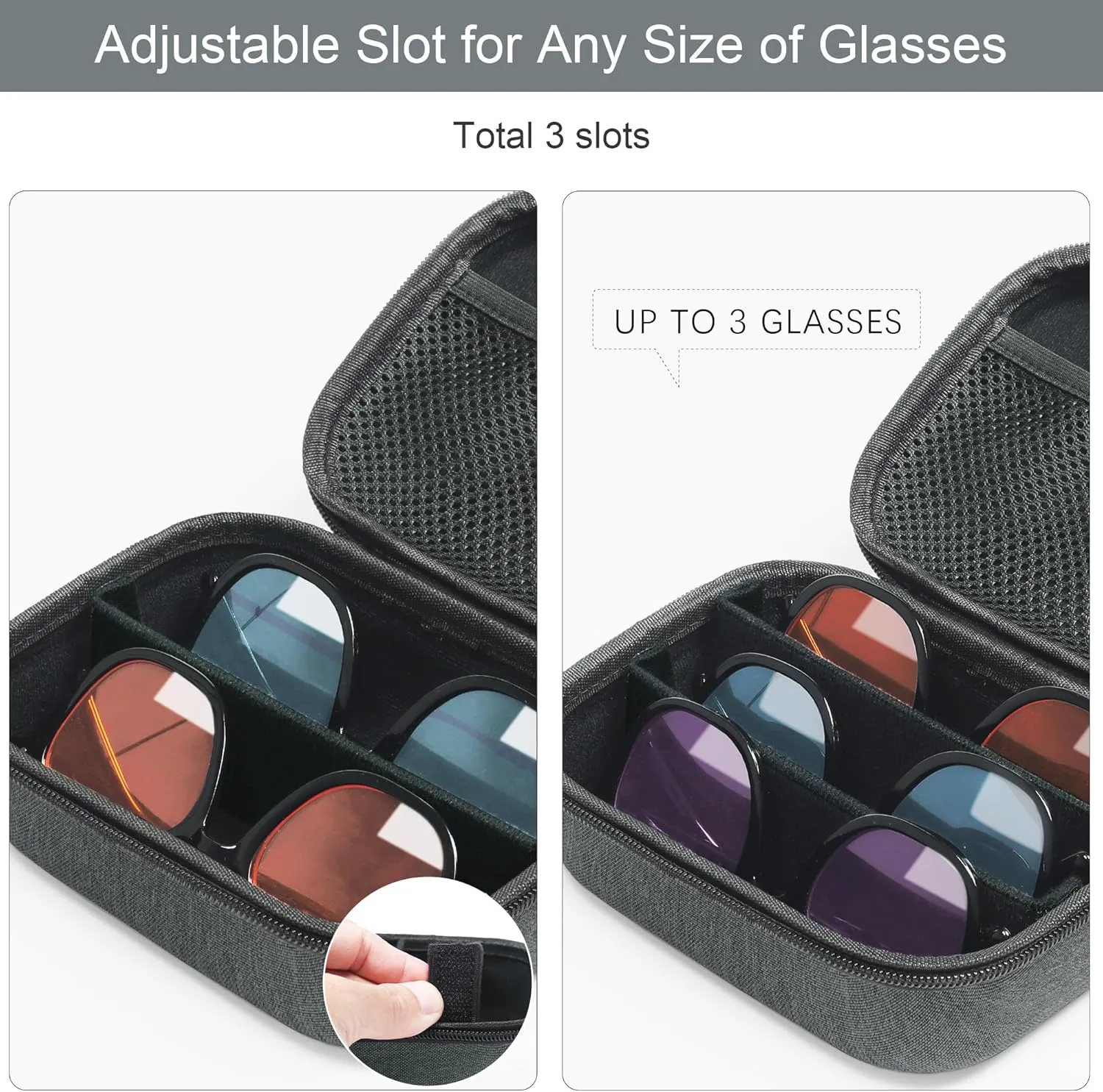 Bukere Travel Sunglasses Organizer Glasses Case, 3 Adjustable Slot for Multiple Eyeglasses, Hard Eyewear Box for Men Women
