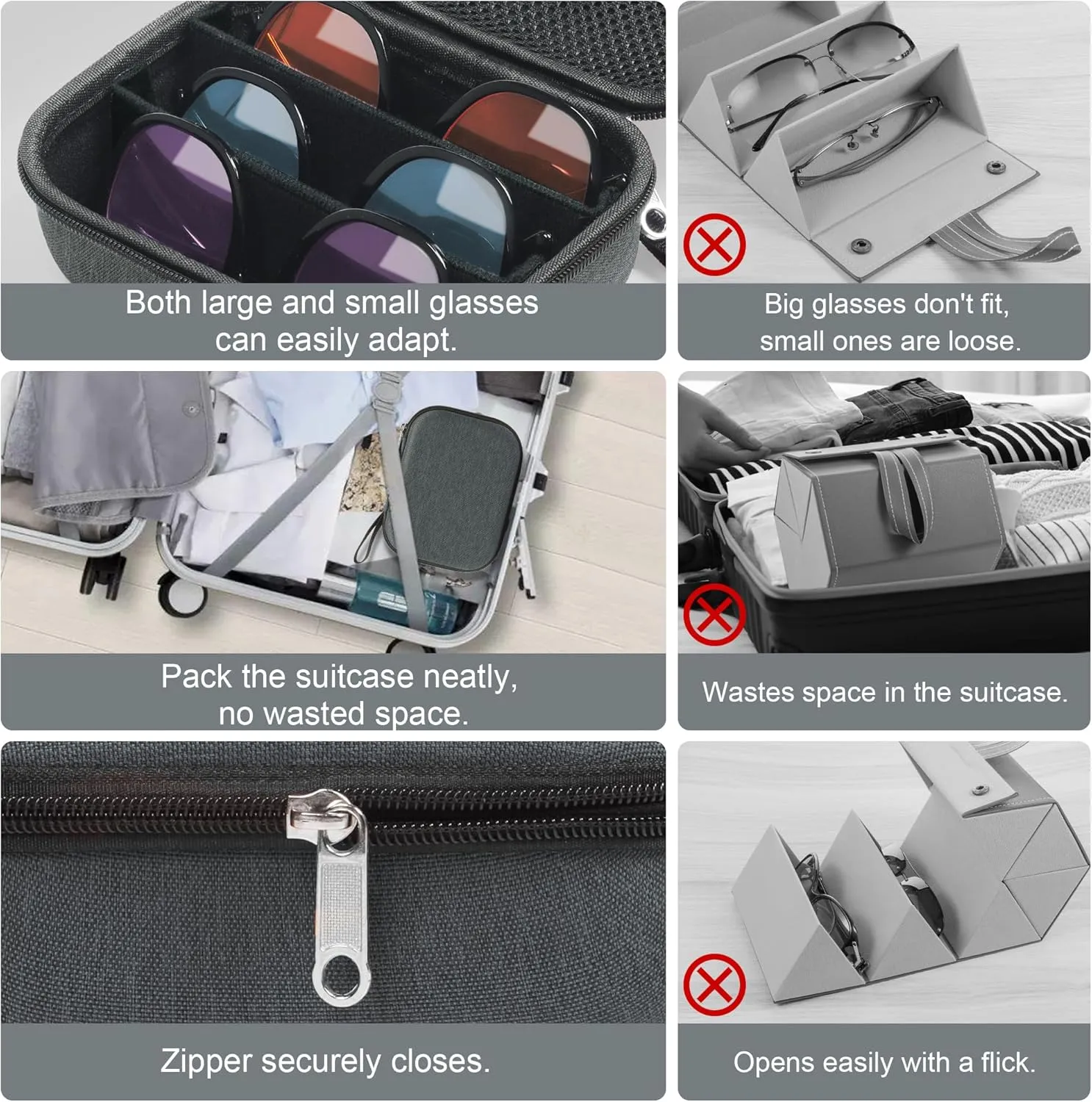 Bukere Travel Sunglasses Organizer Glasses Case, 3 Adjustable Slot for Multiple Eyeglasses, Hard Eyewear Box for Men Women