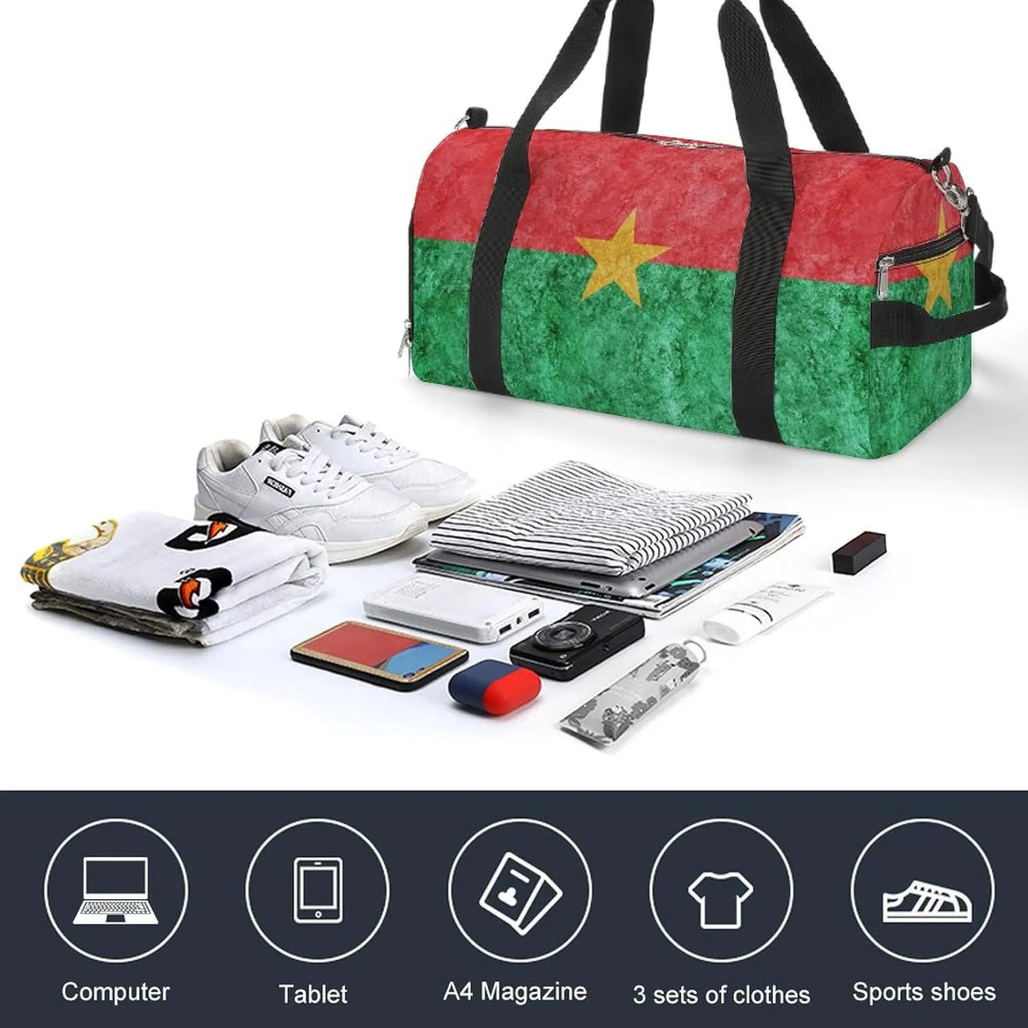 Burkina Faso Flag Textured Lightweight Duffel Bag with Shoe Compartment for Yoga Gym Travel