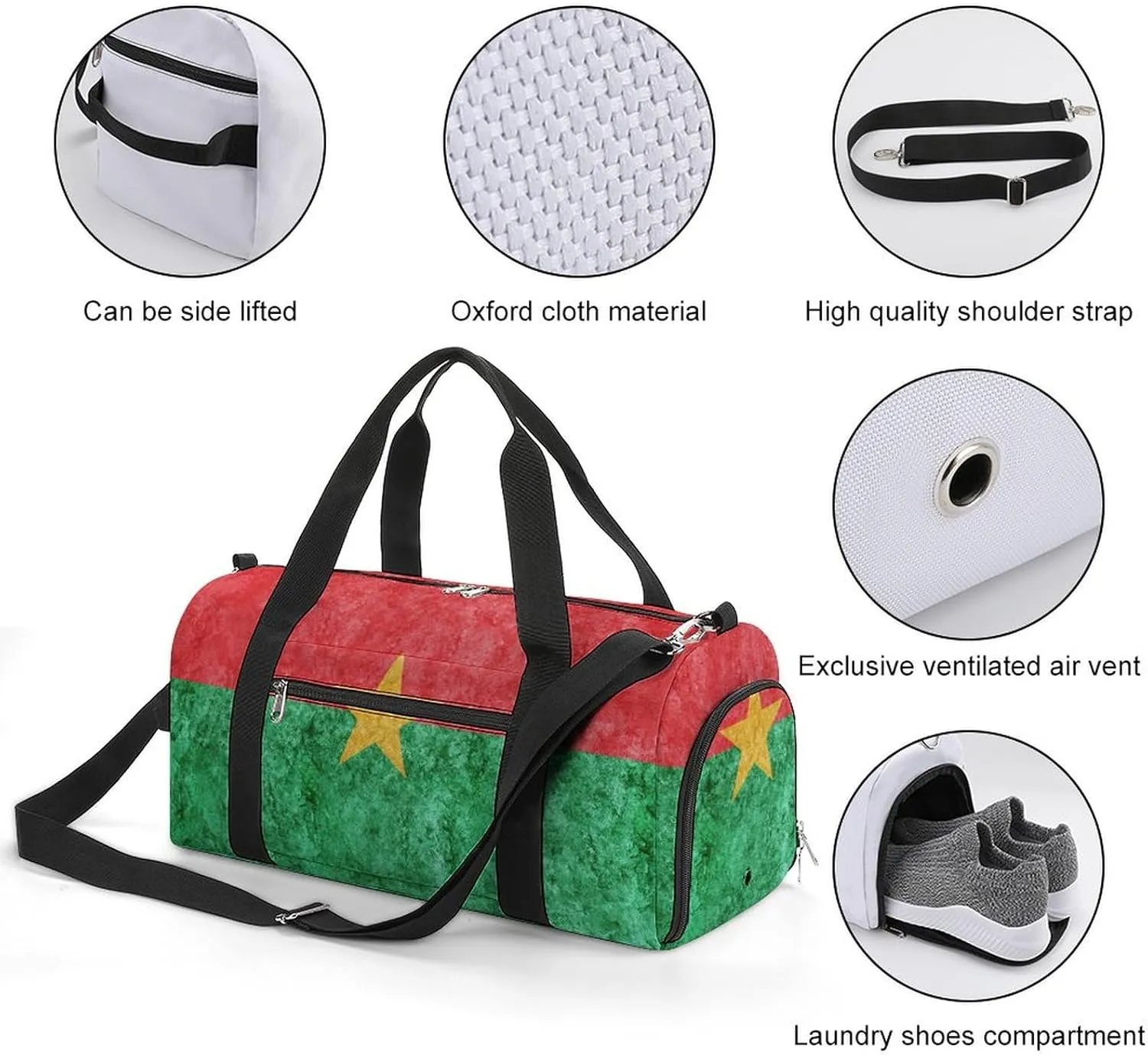 Burkina Faso Flag Textured Lightweight Duffel Bag with Shoe Compartment for Yoga Gym Travel