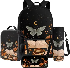 Butterfly Books Moon Starry Night Pattern Large Backpack Thermal Lunch Bag Pen Case and Water Bottle Holder 4Pcs Kids Student School Bag Sets Back to School Supplies
