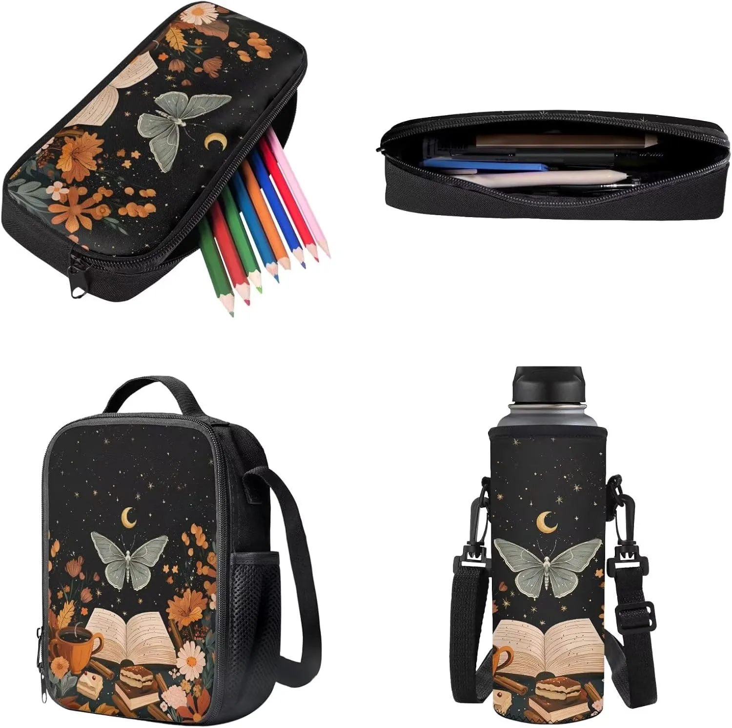 Butterfly Books Moon Starry Night Pattern Large Backpack Thermal Lunch Bag Pen Case and Water Bottle Holder 4Pcs Kids Student School Bag Sets Back to School Supplies