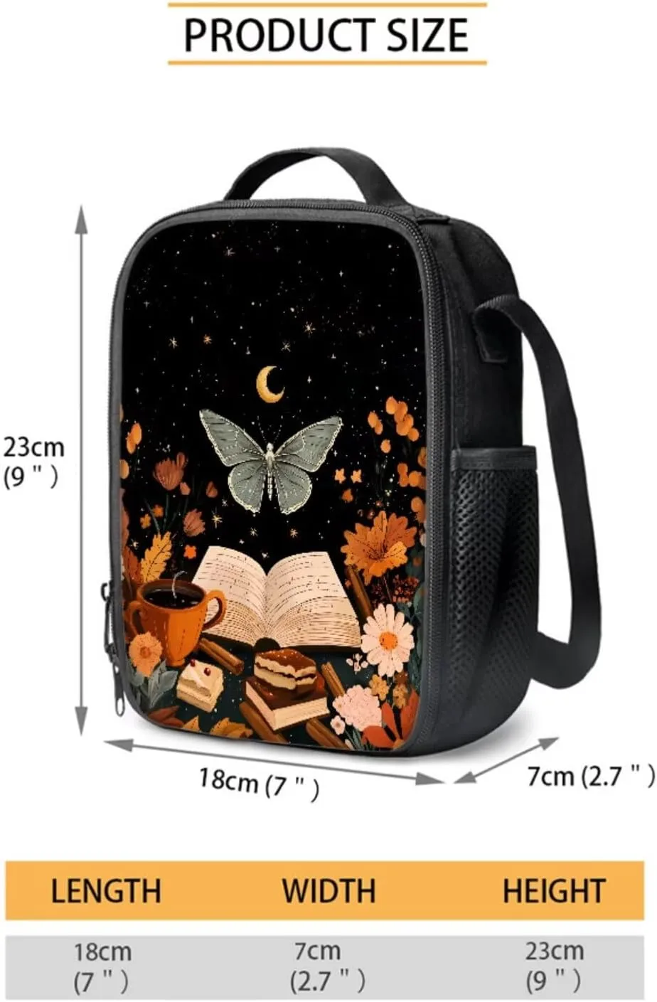 Butterfly Books Moon Starry Night Pattern Large Backpack Thermal Lunch Bag Pen Case and Water Bottle Holder 4Pcs Kids Student School Bag Sets Back to School Supplies