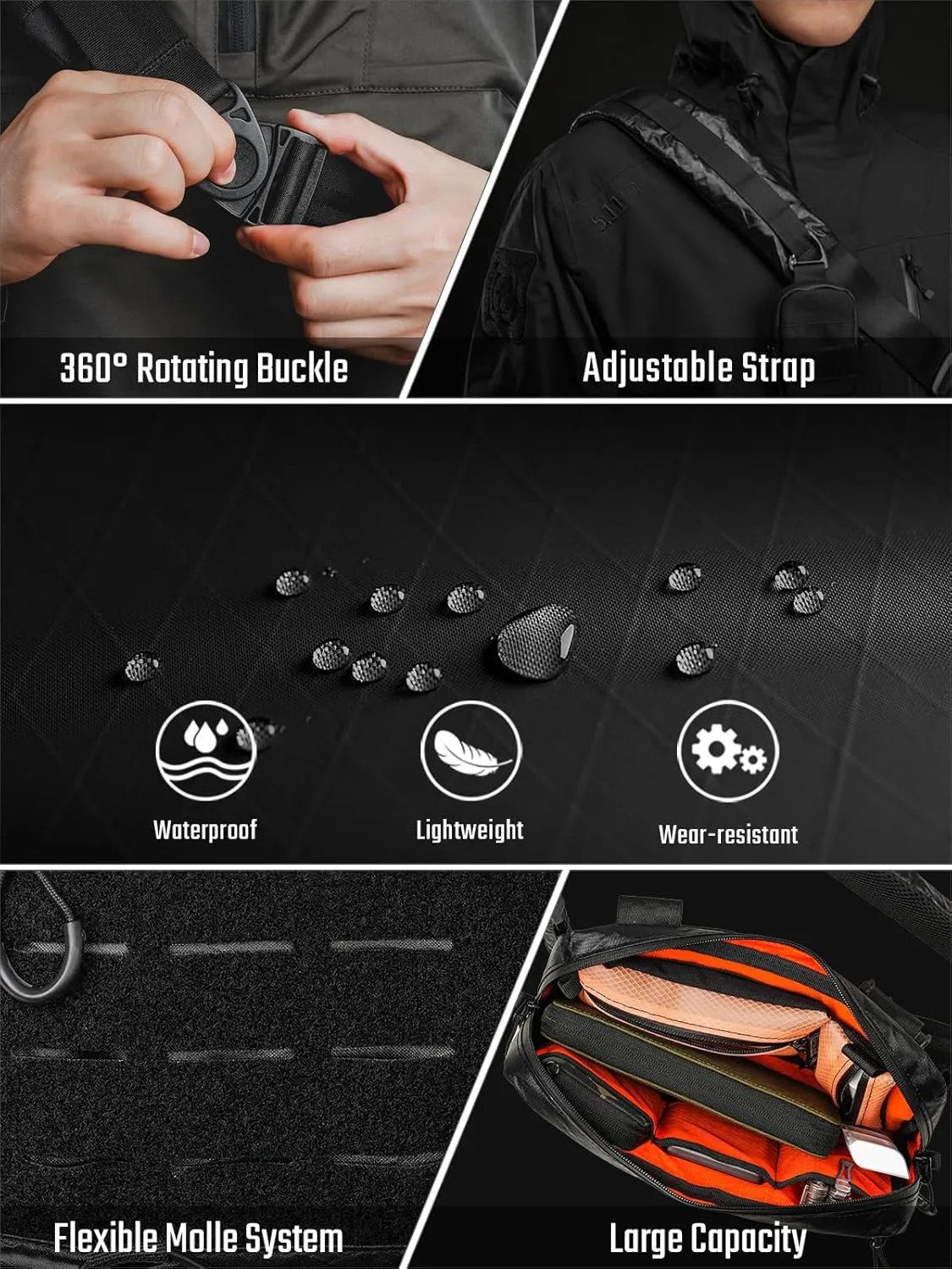 Cache L3 Crossbody Shoulder Bag, Multipurpose Daypack, Chest Backpack Casual Sling Bag for Men & Women (Black Orange)