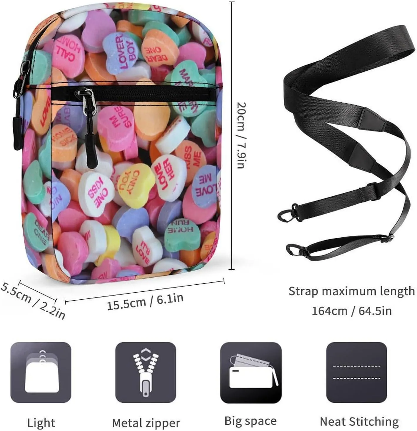 Candy Heart Crossbody Bag Small Shoulder Bag Waterproof, Lightweight And Convenient