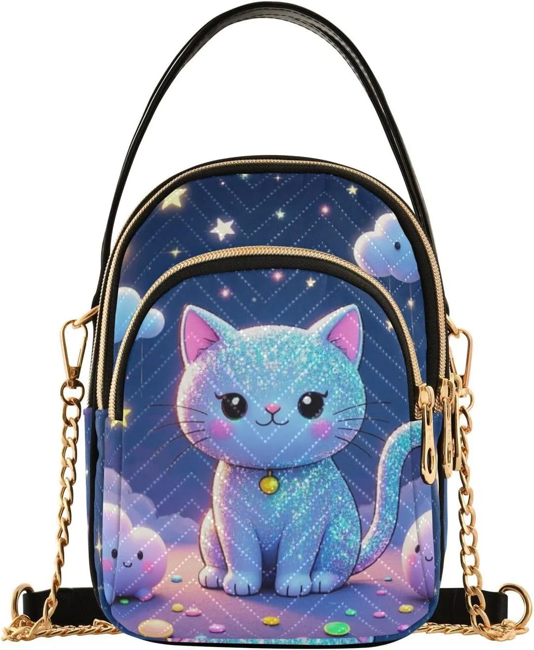 Cartoon Cute Fake Sequin Cat trendy sling crossbody bag with multi pockets handbag for traveling