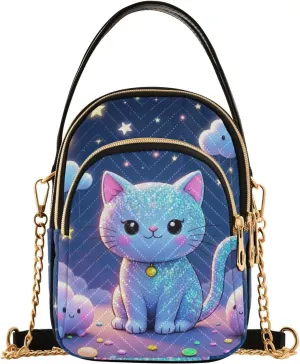 Cartoon Cute Fake Sequin Cat trendy sling crossbody bag with multi pockets handbag for traveling