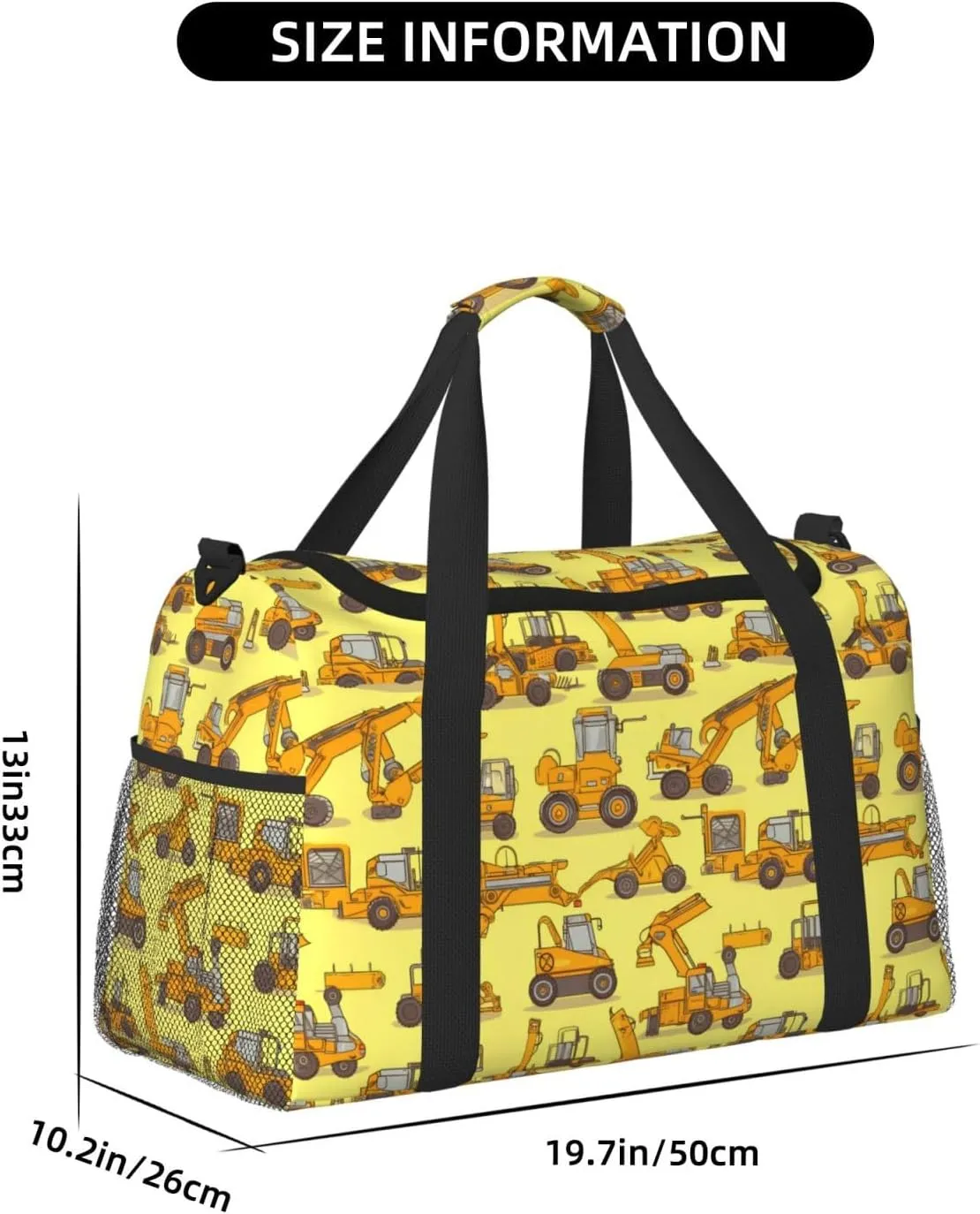 Cartoon Truck Big Capacity Sports Gym Bag Portable Travel Duffle Bag, Yellow Loader Lightweight Weekender Workout Bag for Overnight, Unisex