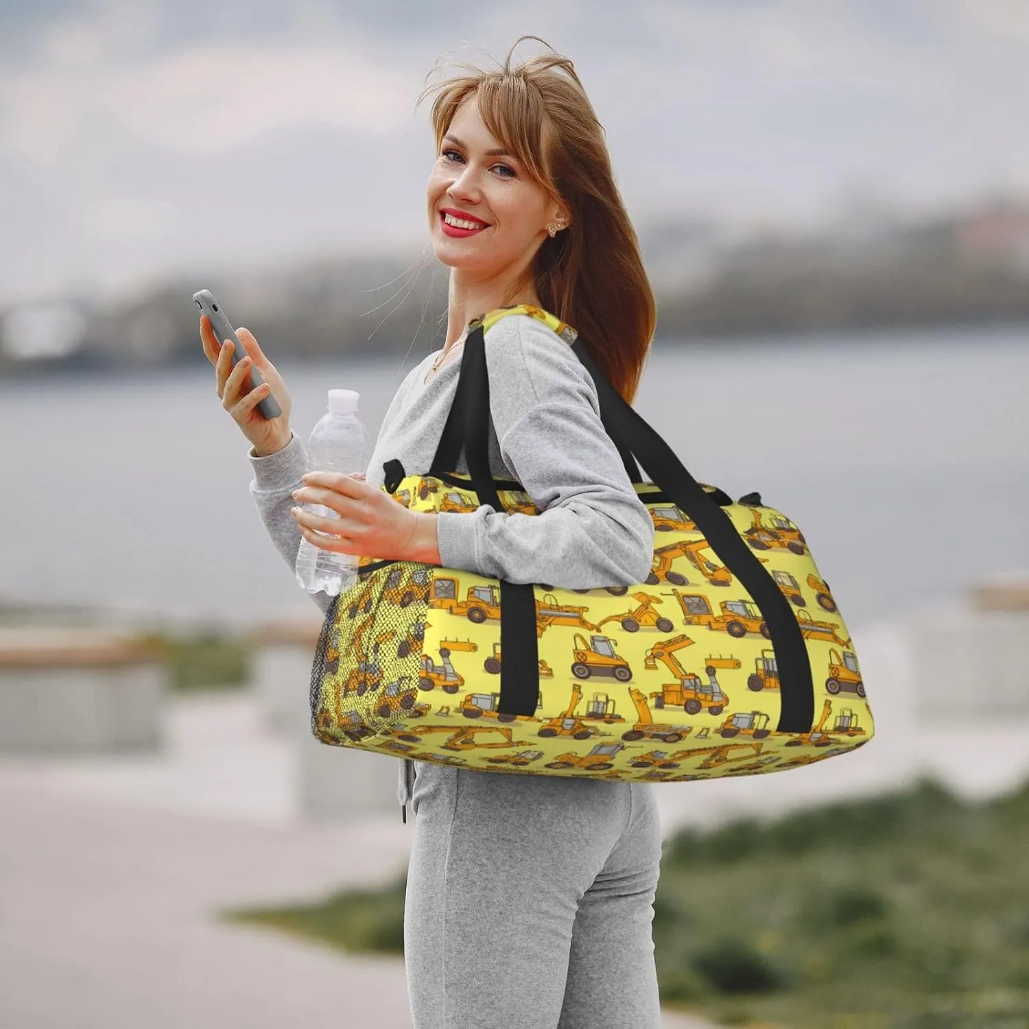 Cartoon Truck Big Capacity Sports Gym Bag Portable Travel Duffle Bag, Yellow Loader Lightweight Weekender Workout Bag for Overnight, Unisex