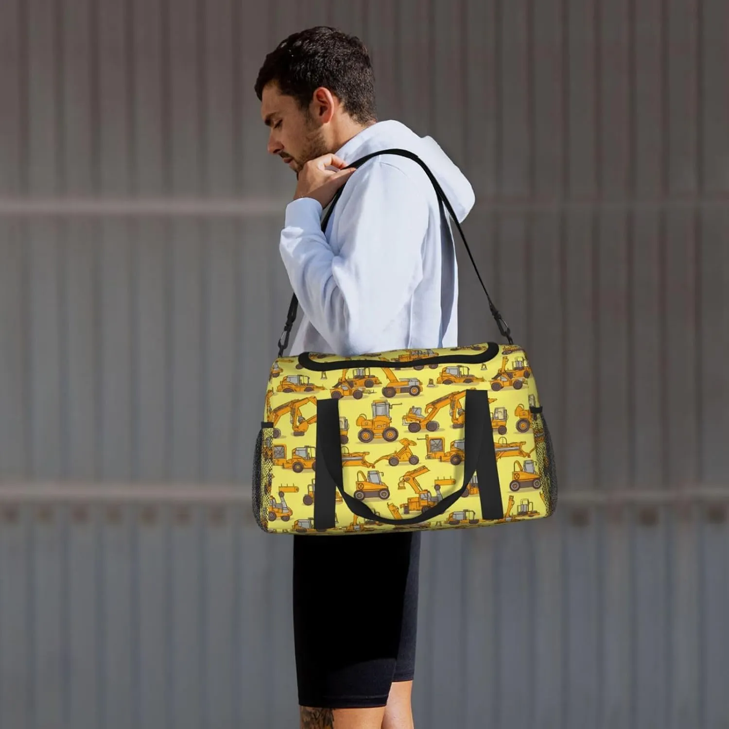 Cartoon Truck Big Capacity Sports Gym Bag Portable Travel Duffle Bag, Yellow Loader Lightweight Weekender Workout Bag for Overnight, Unisex