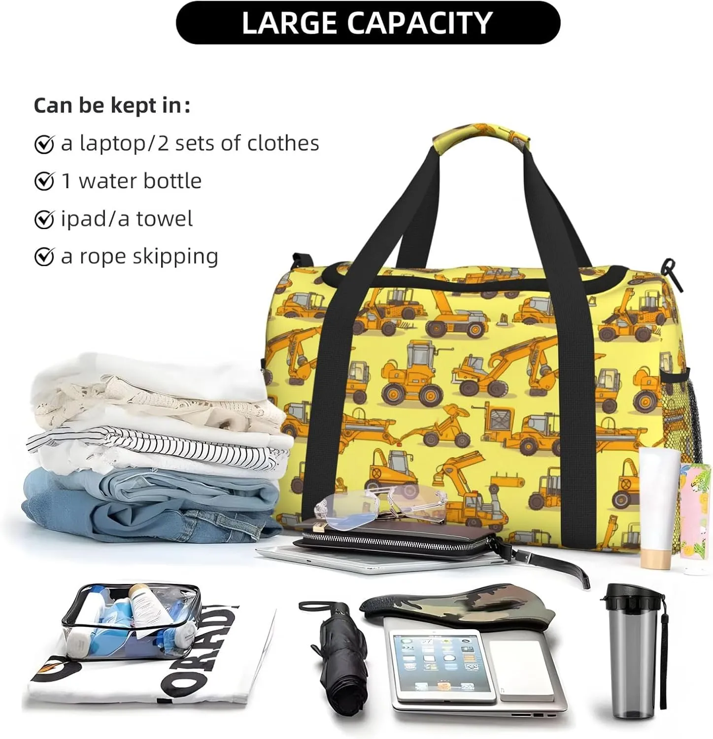 Cartoon Truck Big Capacity Sports Gym Bag Portable Travel Duffle Bag, Yellow Loader Lightweight Weekender Workout Bag for Overnight, Unisex