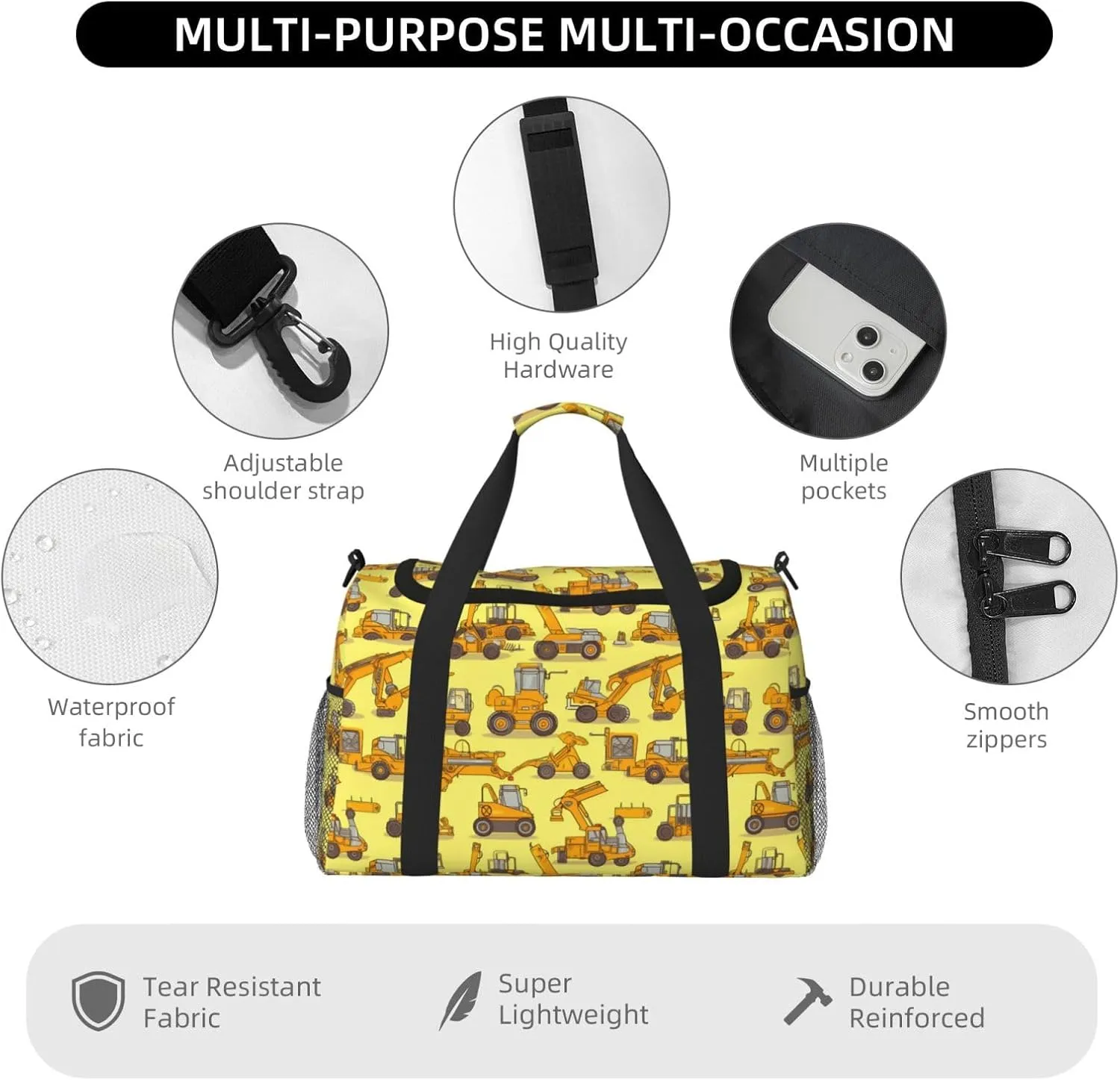 Cartoon Truck Big Capacity Sports Gym Bag Portable Travel Duffle Bag, Yellow Loader Lightweight Weekender Workout Bag for Overnight, Unisex