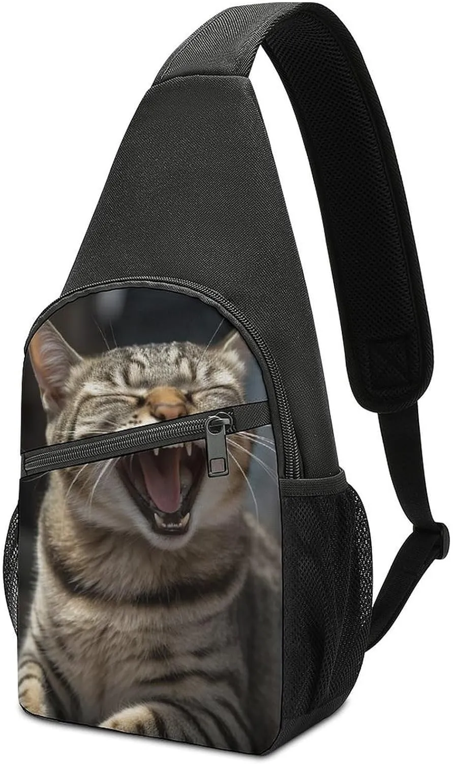 Cat with Open Mouth Sling Bag Casual Chest Bag Crossbody Shoulder Backpack Sport Travel Hiking Daypack for Women Men