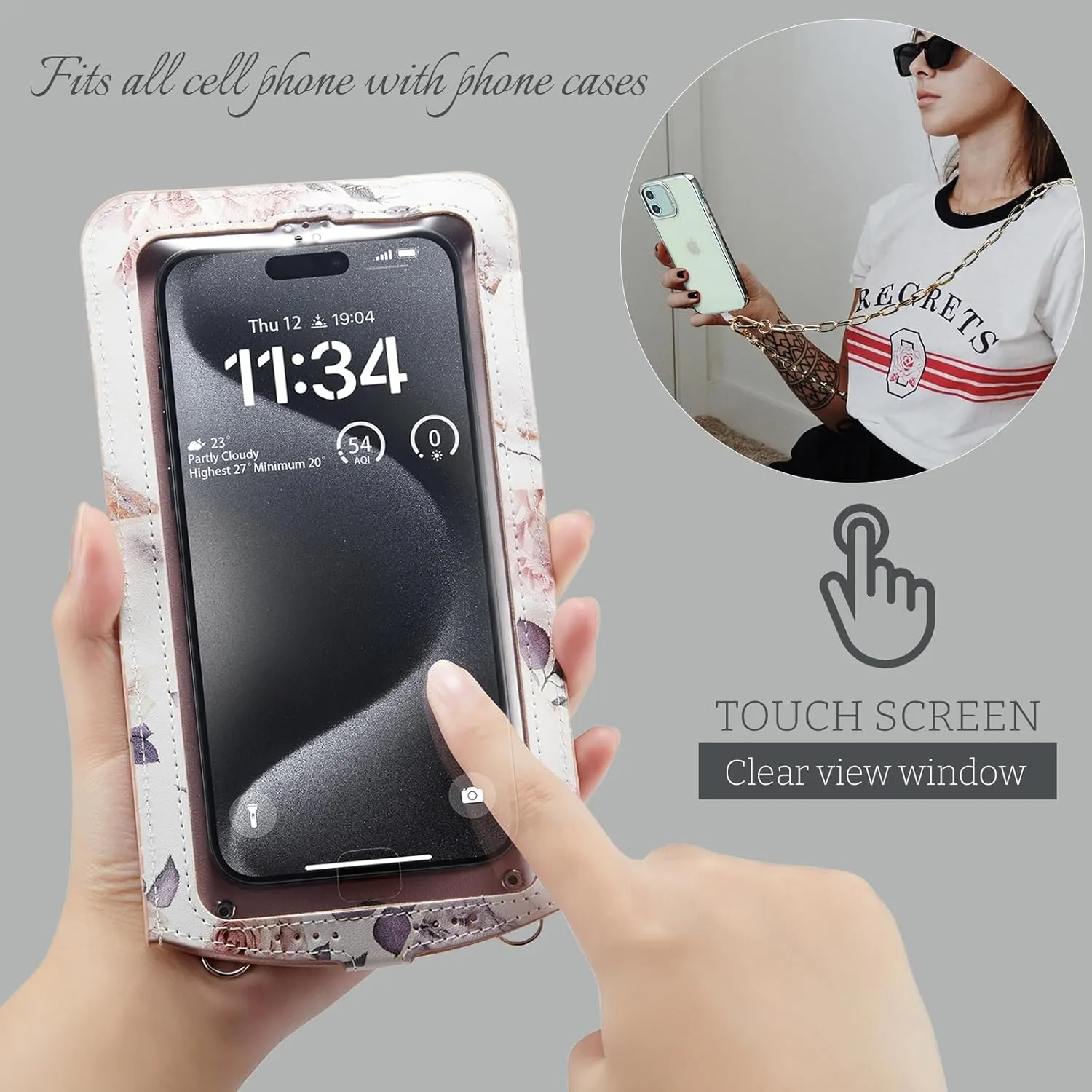 Cell Phone Purse Small Crossbody Bag for Women Leather Mini Shoulder Bag Wallet Case with Card Slot Neck Chain with Touch Screen Zipper Pocket for All Smartphones iPhone Samsung up to 7.5" Rose Marble