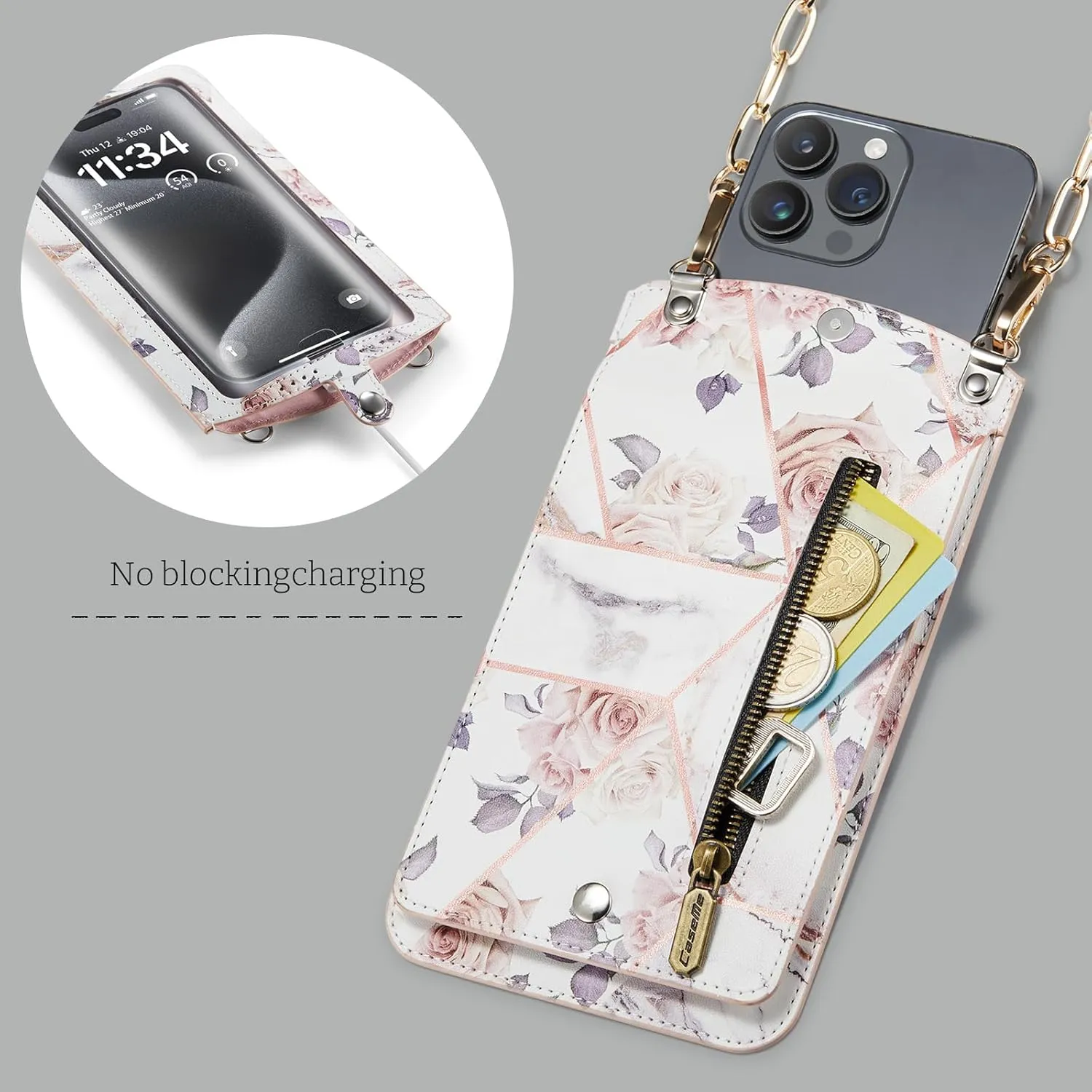 Cell Phone Purse Small Crossbody Bag for Women Leather Mini Shoulder Bag Wallet Case with Card Slot Neck Chain with Touch Screen Zipper Pocket for All Smartphones iPhone Samsung up to 7.5" Rose Marble